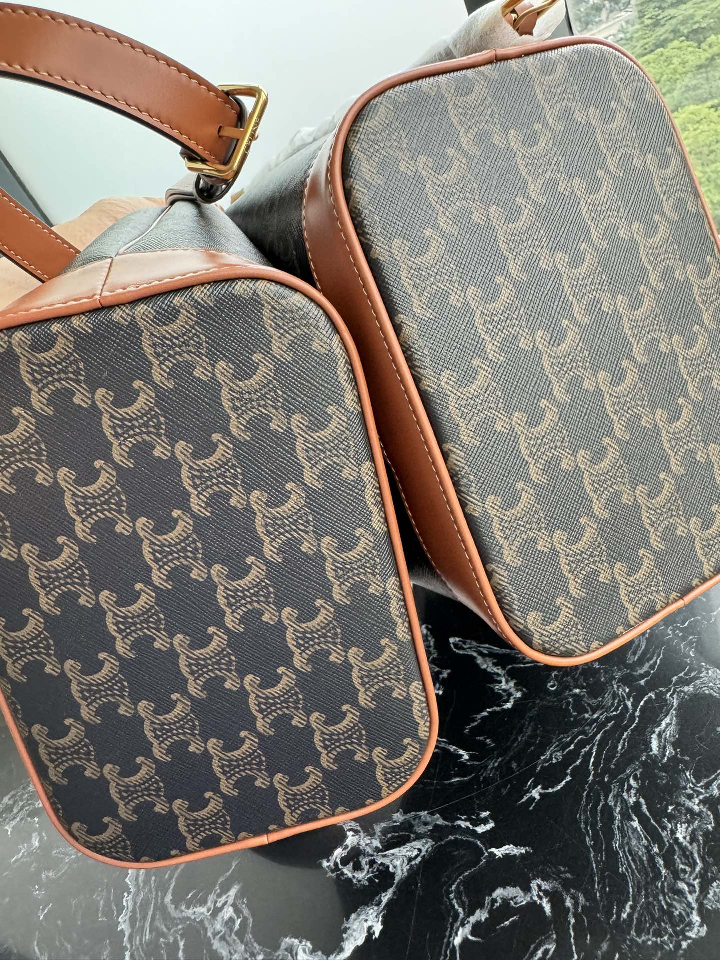 CELINE SMALL BUCKET IN TRIOMPHE CANVAS AND CALFSKIN