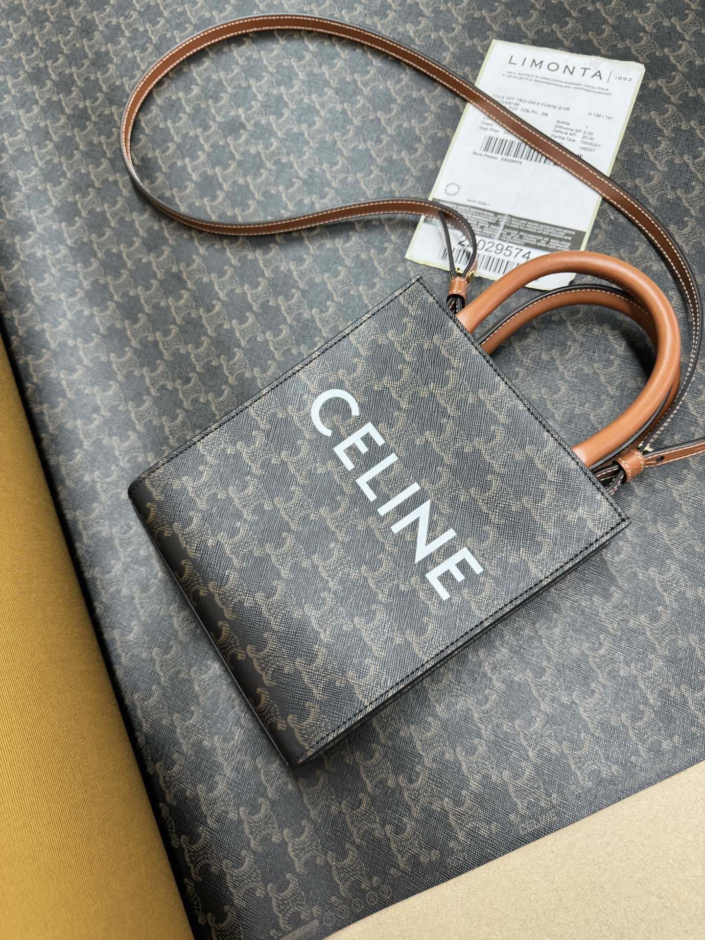 CELINE MINI VERTICAL CABAS IN TRIOMPHE CANVAS AND CALFSKIN WITH CELINE PRINT