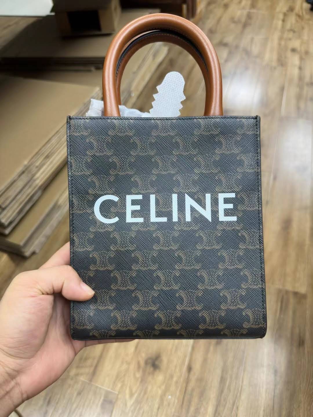 CELINE MINI VERTICAL CABAS IN TRIOMPHE CANVAS AND CALFSKIN WITH CELINE PRINT