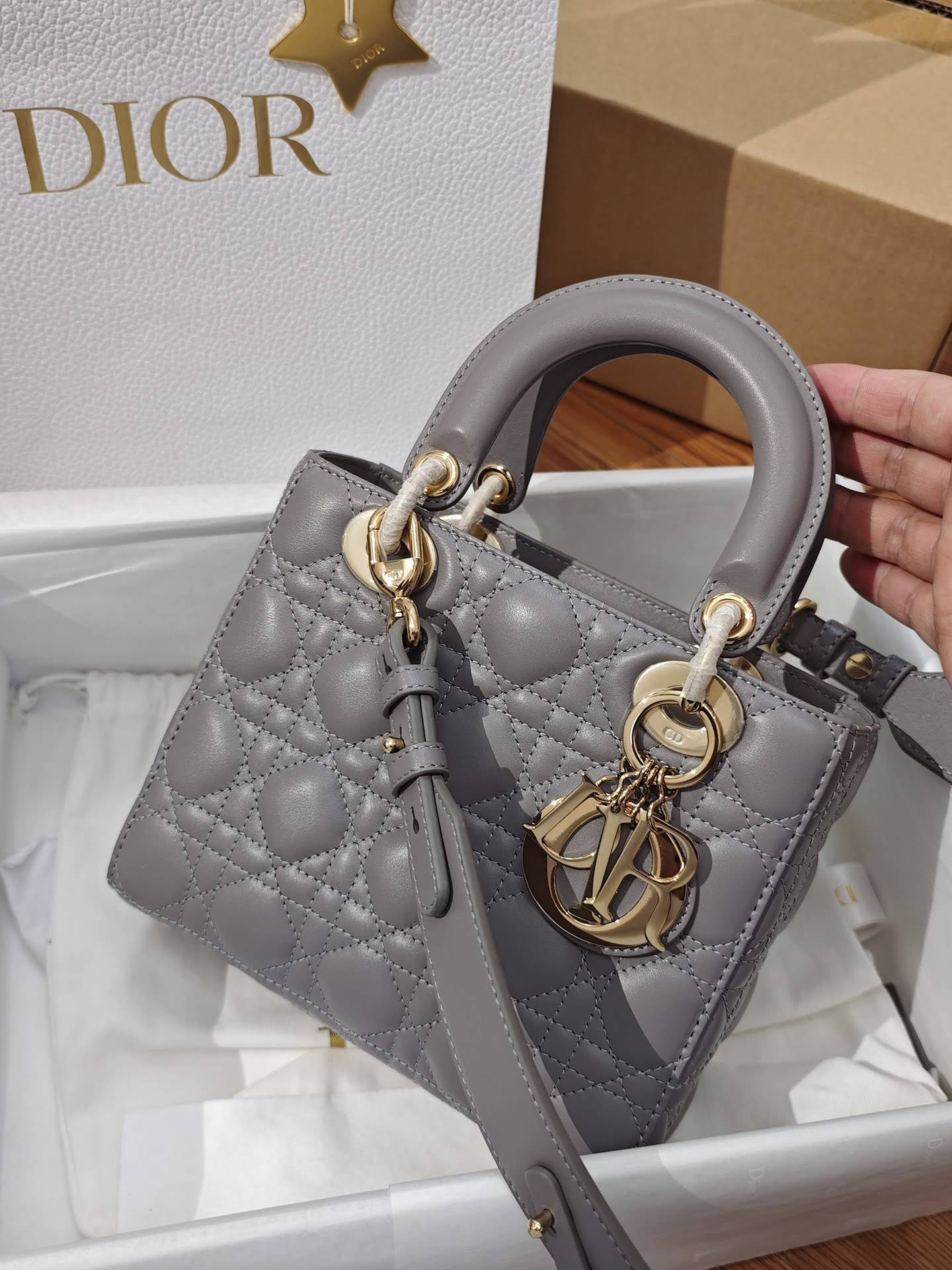 CHRISTIAN DIOR Small Lady Dior Bag /Gray Cannage Lambskin