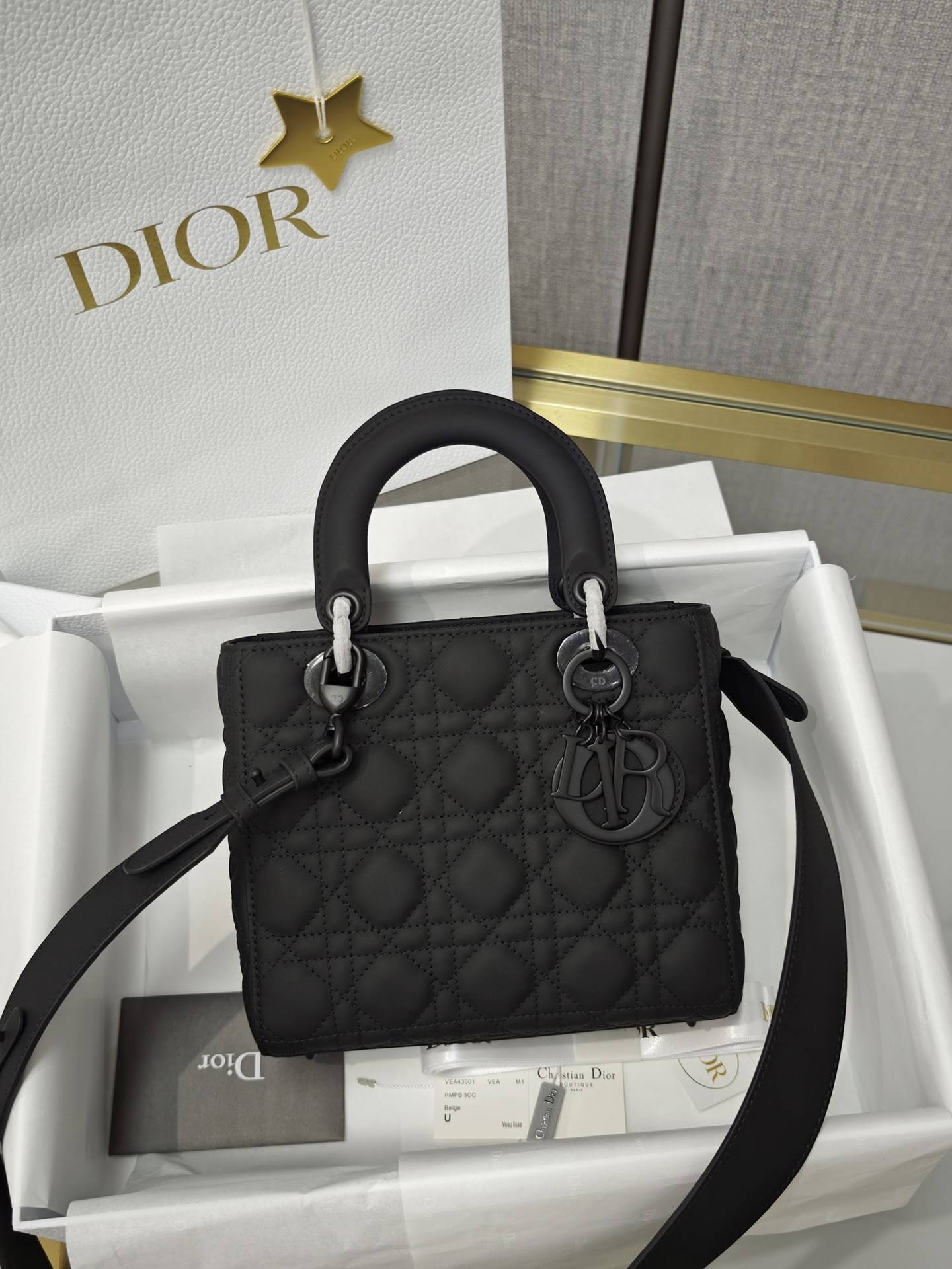 CHRISTIAN DIOR Small Lady Dior Bag /Black Ultramatte Cannage Calfskin