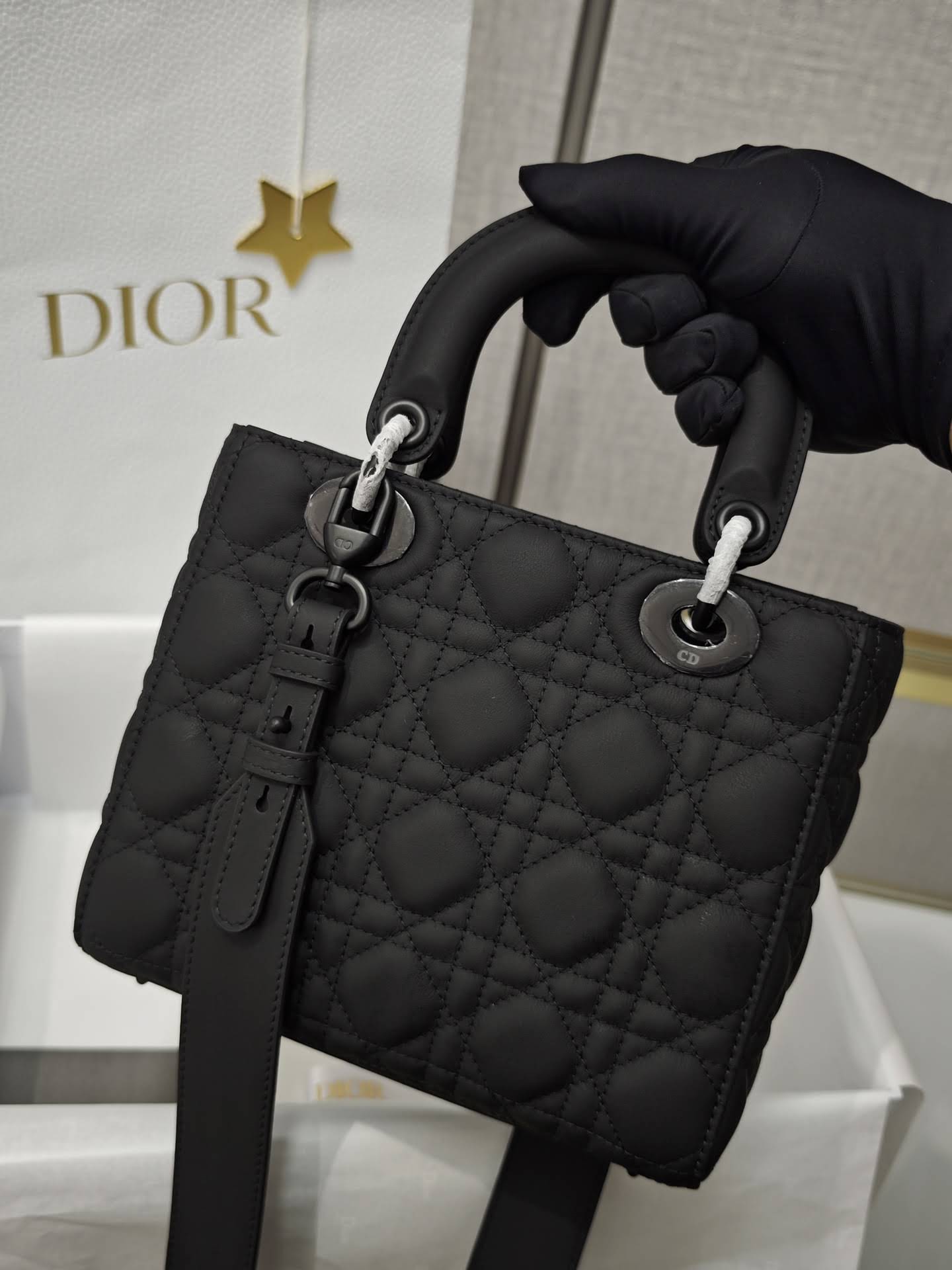 CHRISTIAN DIOR Small Lady Dior Bag /Black Ultramatte Cannage Calfskin