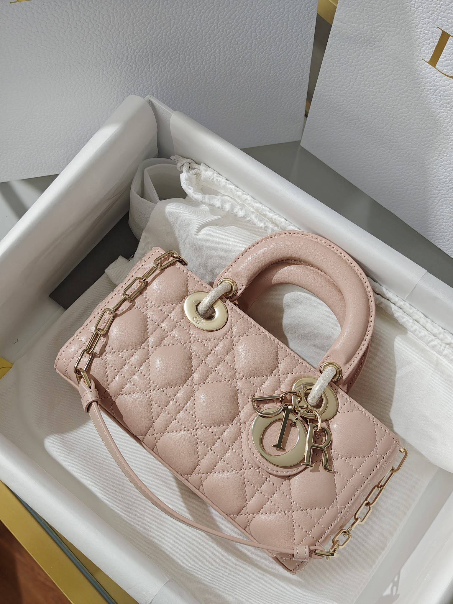 CHRISTIAN DIOR Small Lady D-Joy Bag /Pale Pink Cannage Lambskin