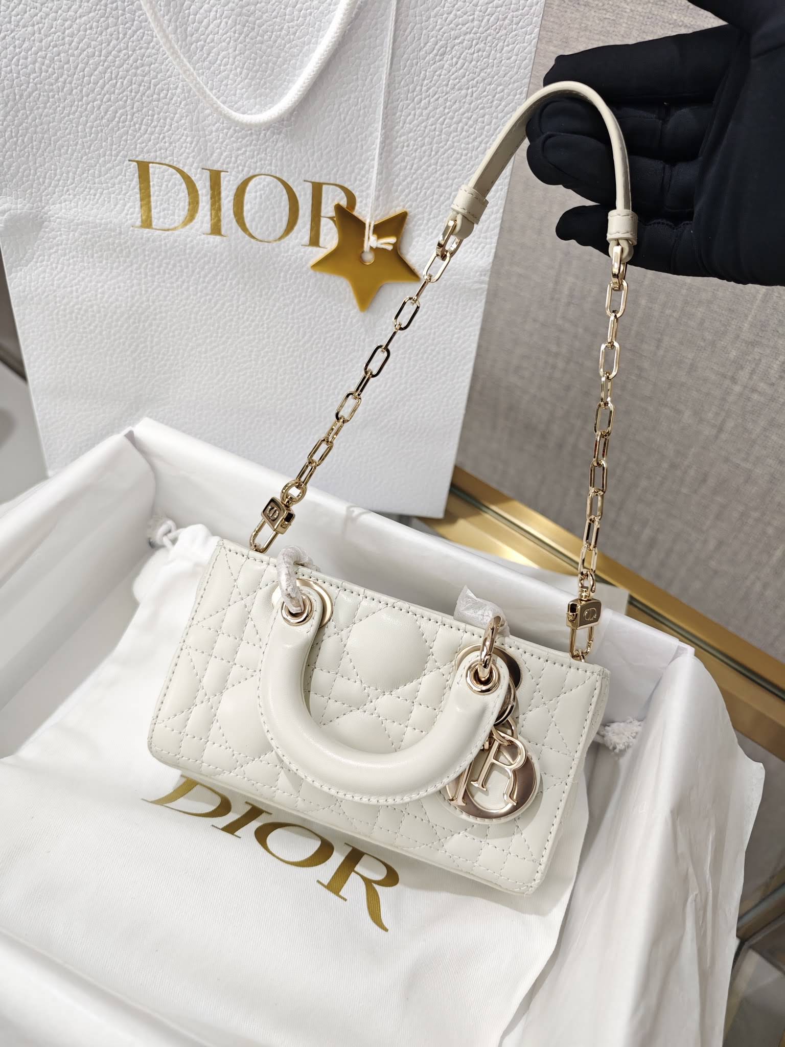 CHRISTIAN DIOR Lady D-Joy Micro Bag /Latte Cannage Lambskin