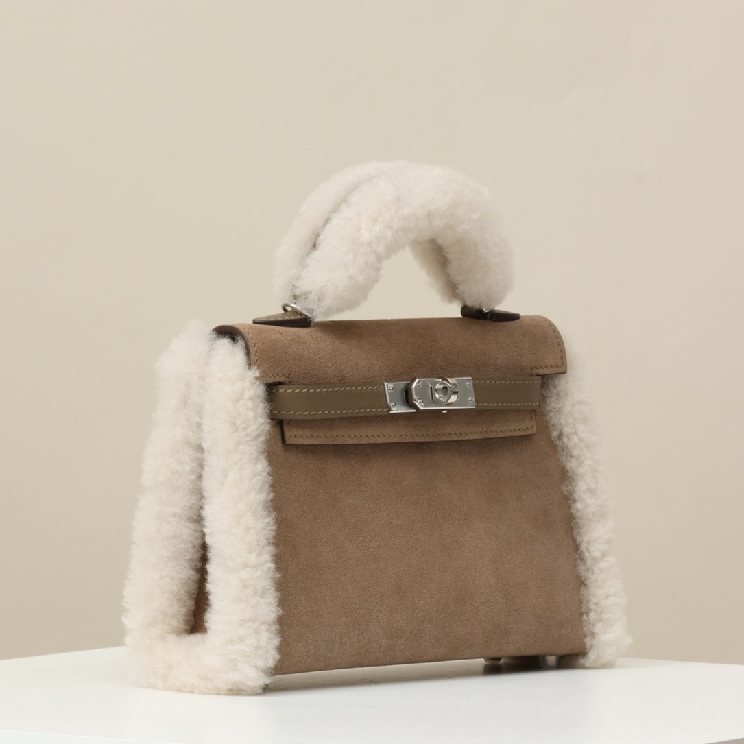 HERMES Teddy Mini Kelly 19 Bag /CK18 Elephant Grey / Silver Hardware / Swift Leather / Suede / Sheepskin