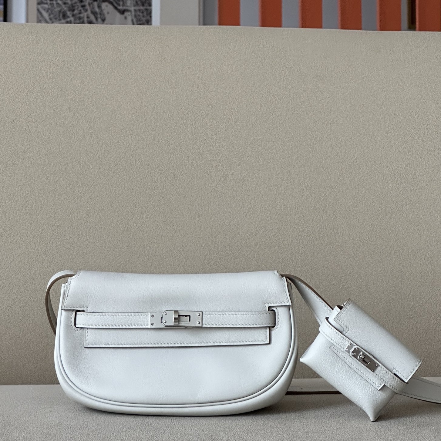 HERMES Kelly Moove 17 Bag /M4 Milk Gray Silver Buckle Swift Leather  