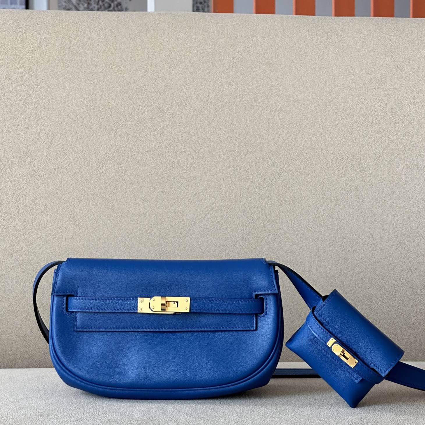 HERMES Kelly Moove 17 Bag /71 French Blue Gold Buckle Swift Leather  