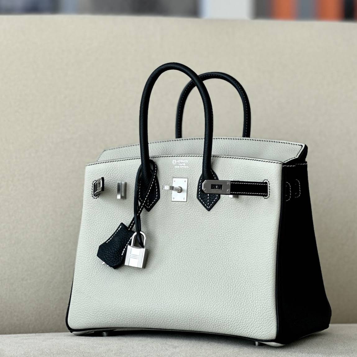 HERMES Birkin 25 Bag /80 Pearl Grey / CK89 Black with Silver Hardware Togo Leather  