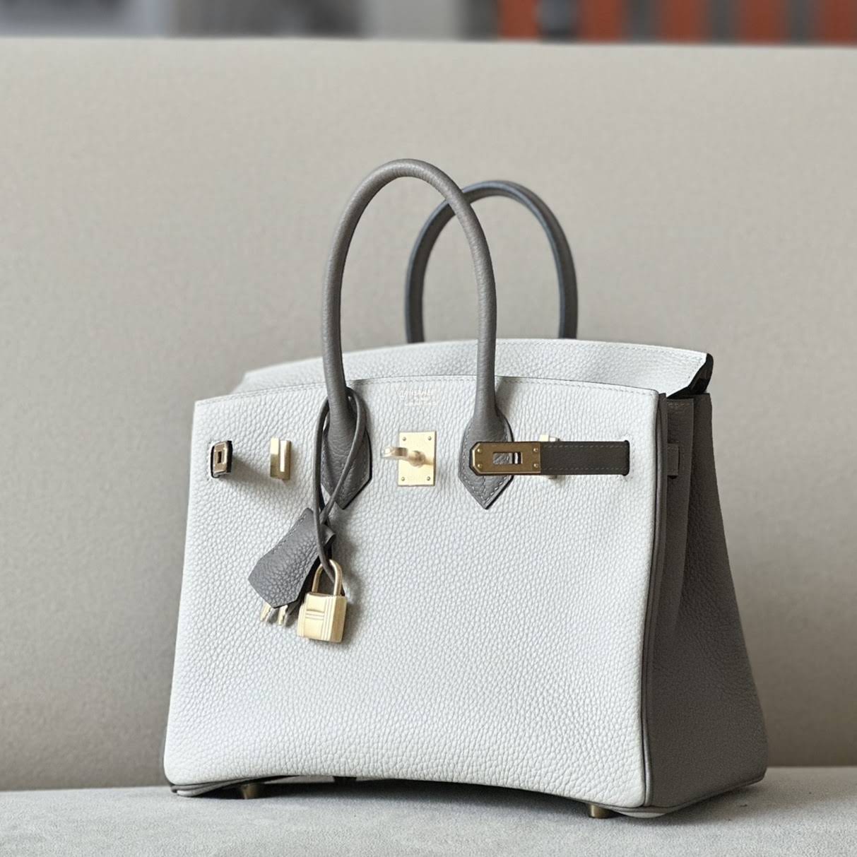 HERMES Birkin 25 Bag /8L Glacier White / M8 Asphalt Grey with Gold Hardware Togo Leather  