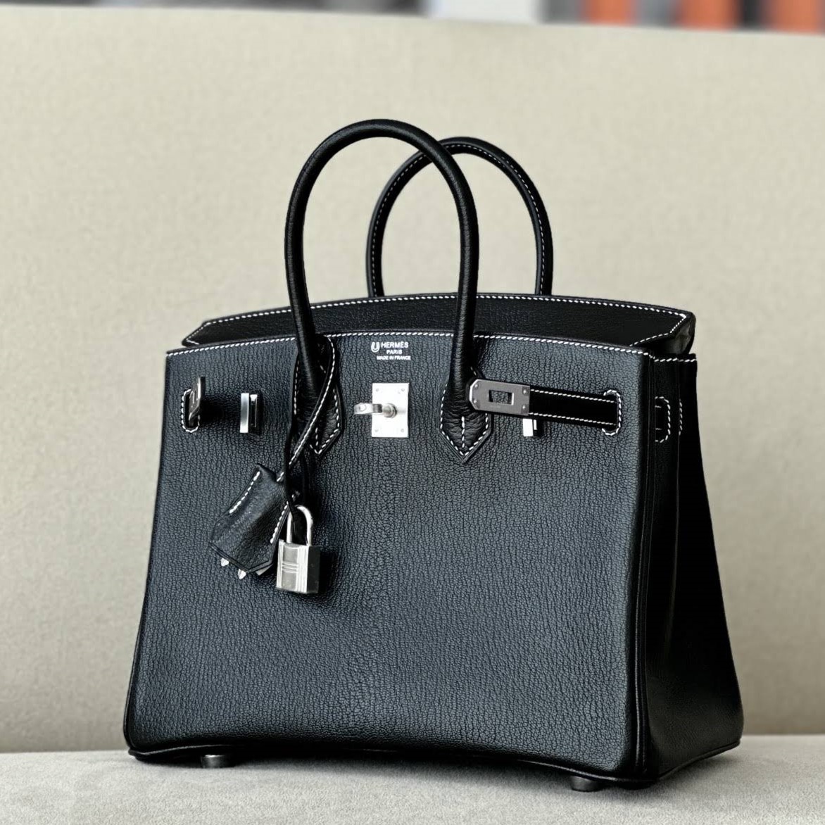 HERMES Birkin 25 Bag /CK89 Black / 80 Pearl Grey with Silver Hardware Goat Leather  