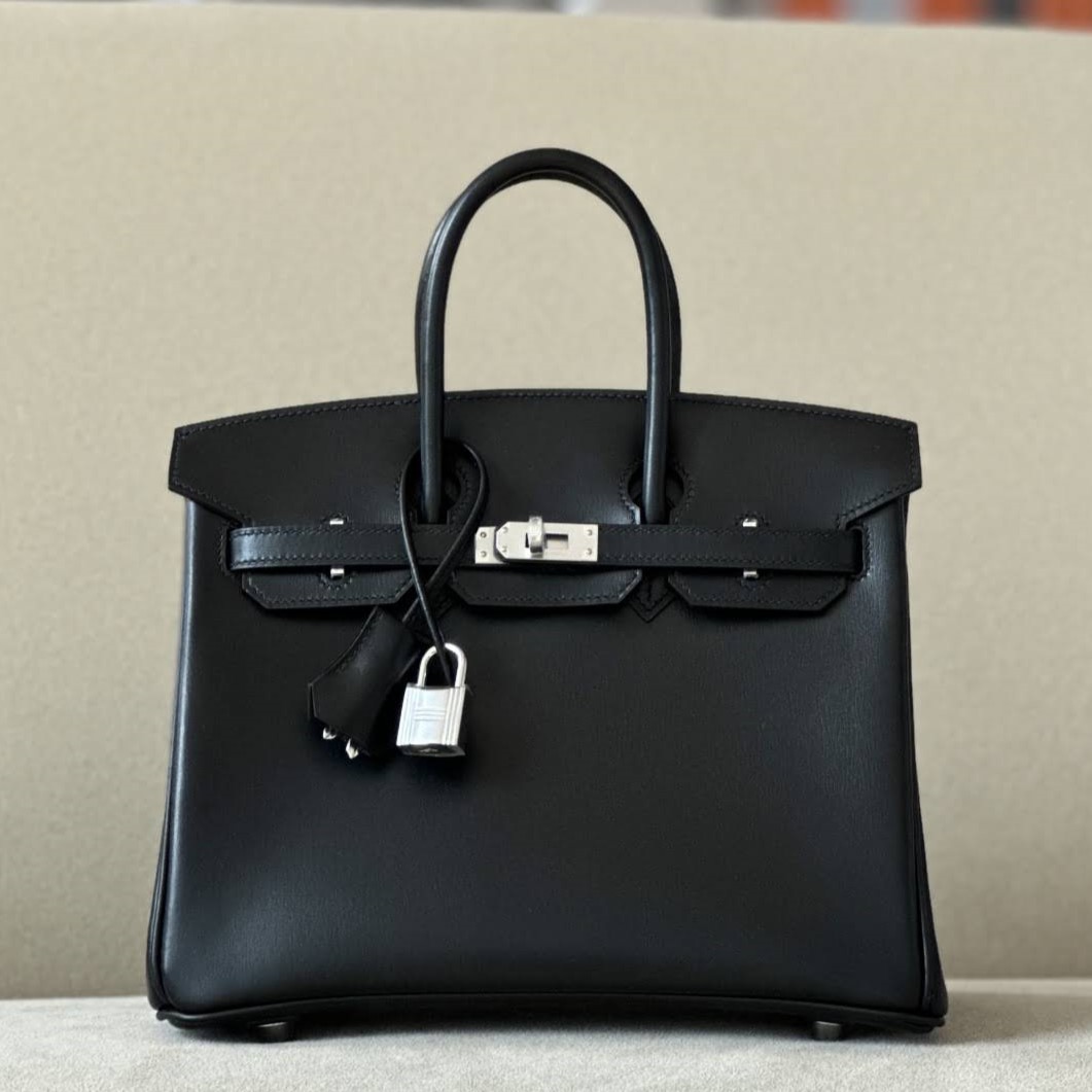 HERMES Birkin 25 Bag /CK89 Black with Silver Hardware Box Leather  