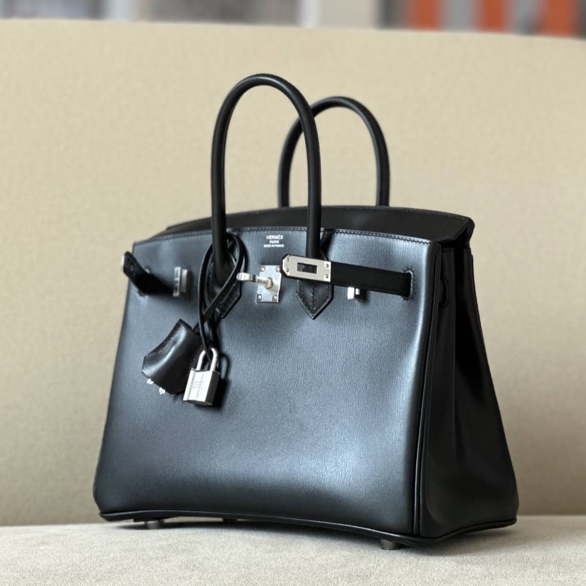 HERMES Birkin 25 Bag /CK89 Black with Silver Hardware Box Leather  