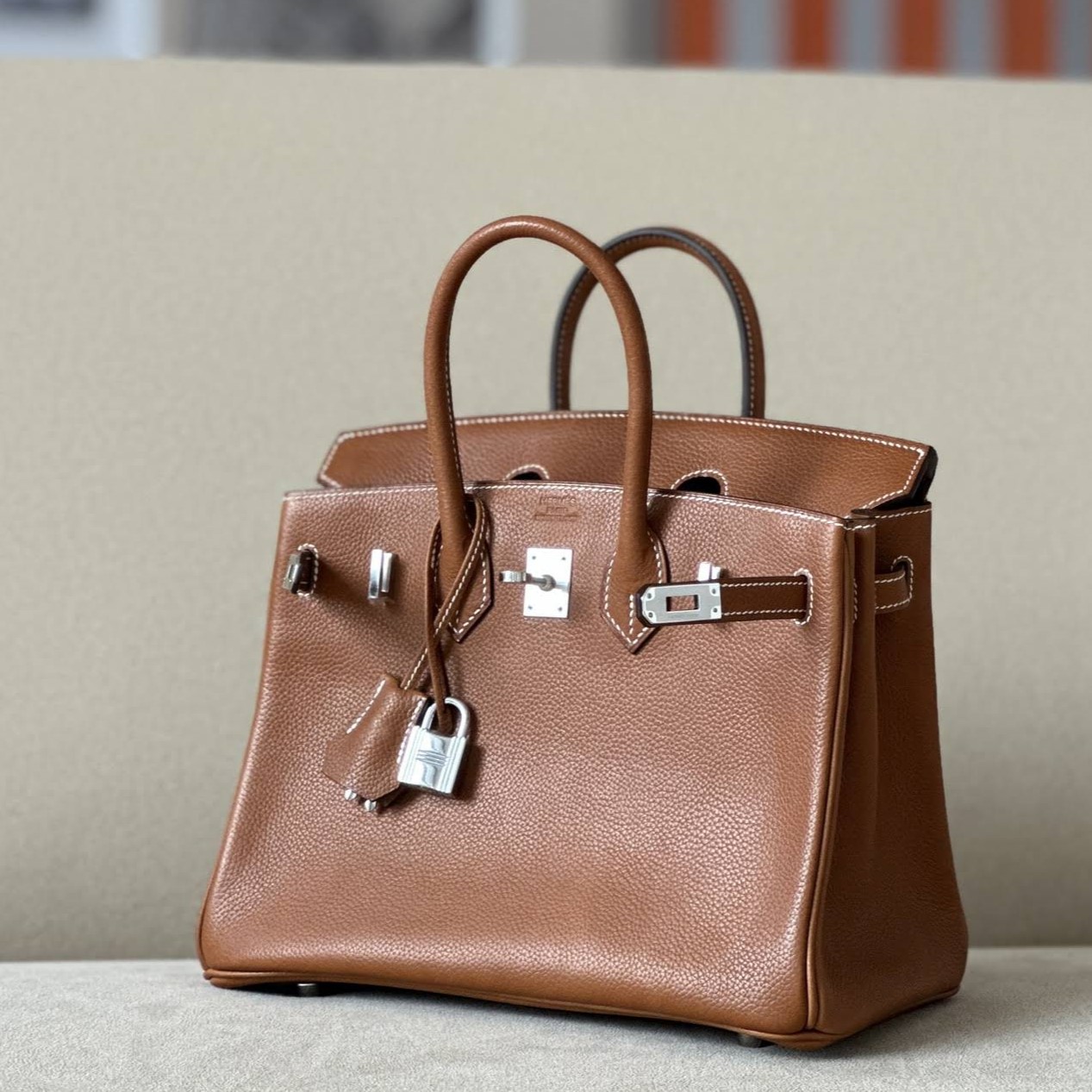 HERMES Birkin 25 Bag /CK37 Gold Brown with Silver Hardware Barenia Faubourg