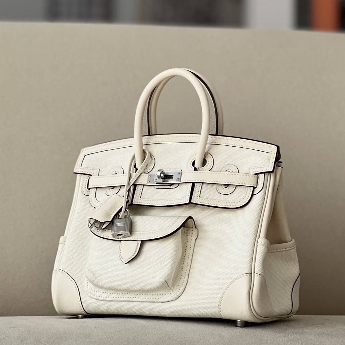 HERMES Birkin 25 Bag /Nata Cream White with Silver Hardware Swift Canvas  