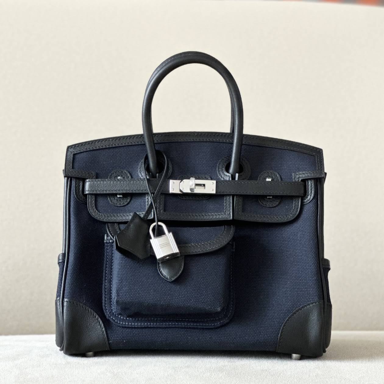 HERMES Birkin 25 Bag /CK89 Black/2Z Midnight Blue with Silver Buckle Canvas Swift Leather  