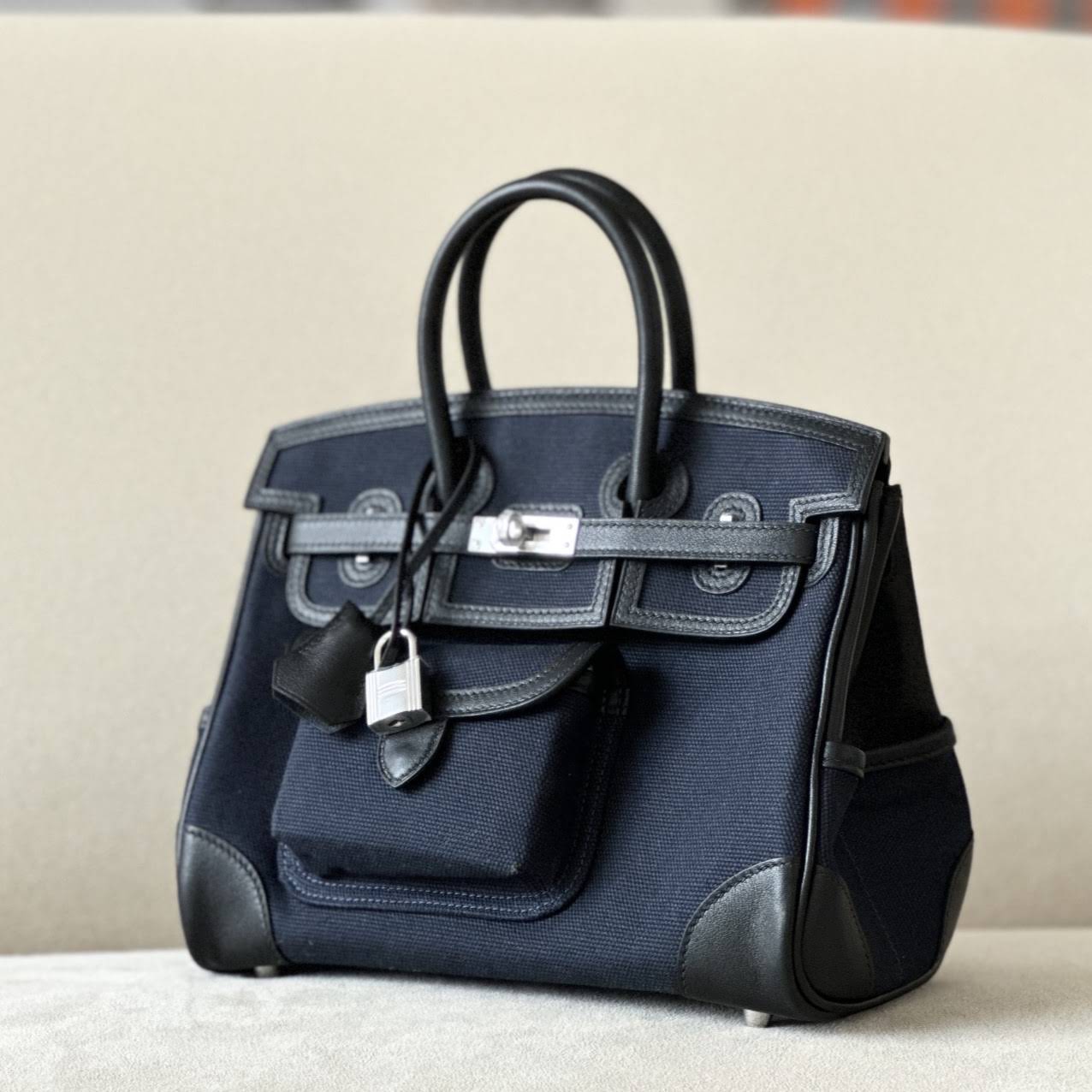 HERMES Birkin 25 Bag /CK89 Black/2Z Midnight Blue with Silver Buckle Canvas Swift Leather  