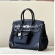 HERMES Birkin 25 Bag /CK89 Black/2Z Midnight Blue with Silver Buckle Canvas Swift Leather  