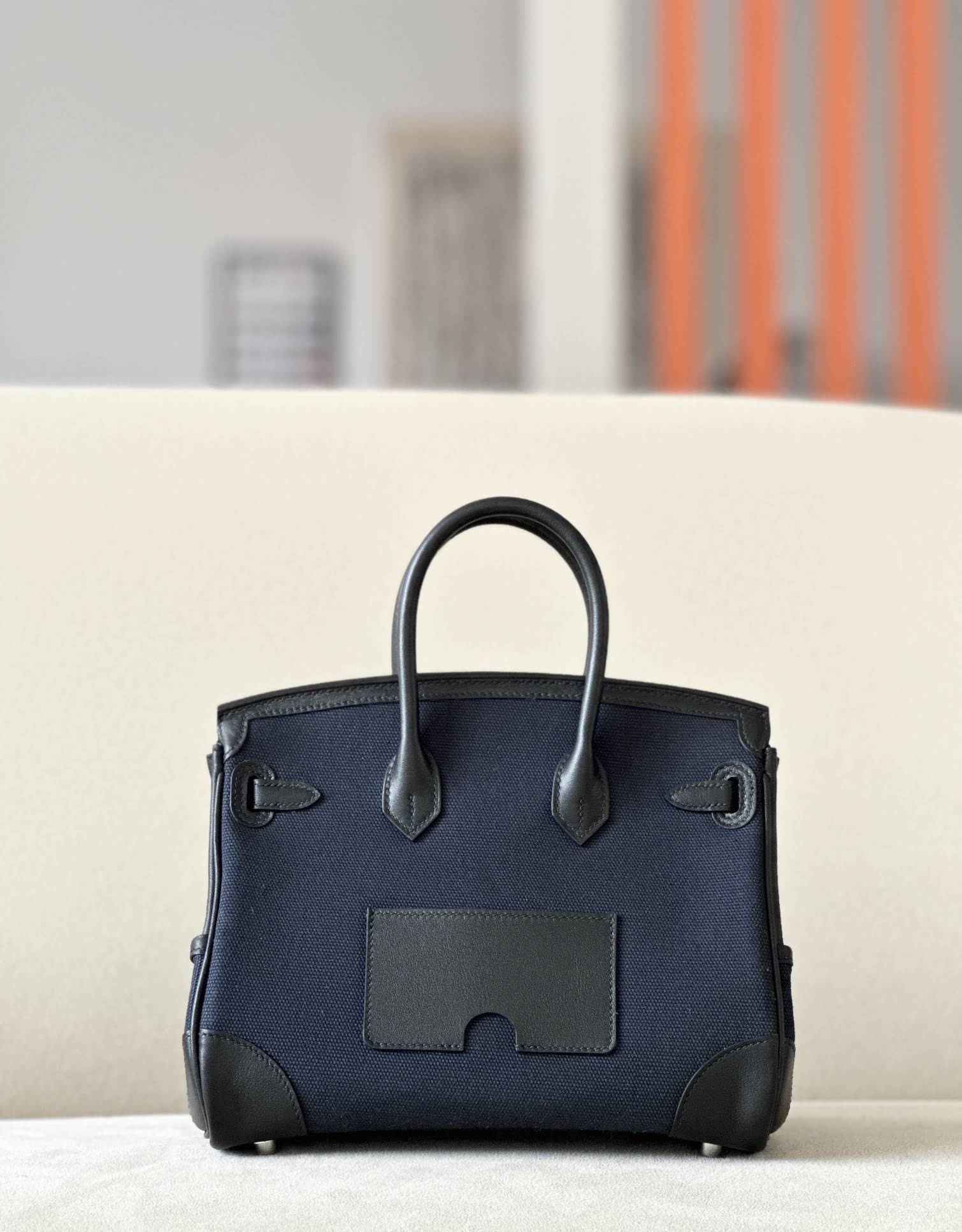 HERMES Birkin 25 Bag /CK89 Black/2Z Midnight Blue with Silver Buckle Canvas Swift Leather  