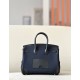 HERMES Birkin 25 Bag /CK89 Black/2Z Midnight Blue with Silver Buckle Canvas Swift Leather  