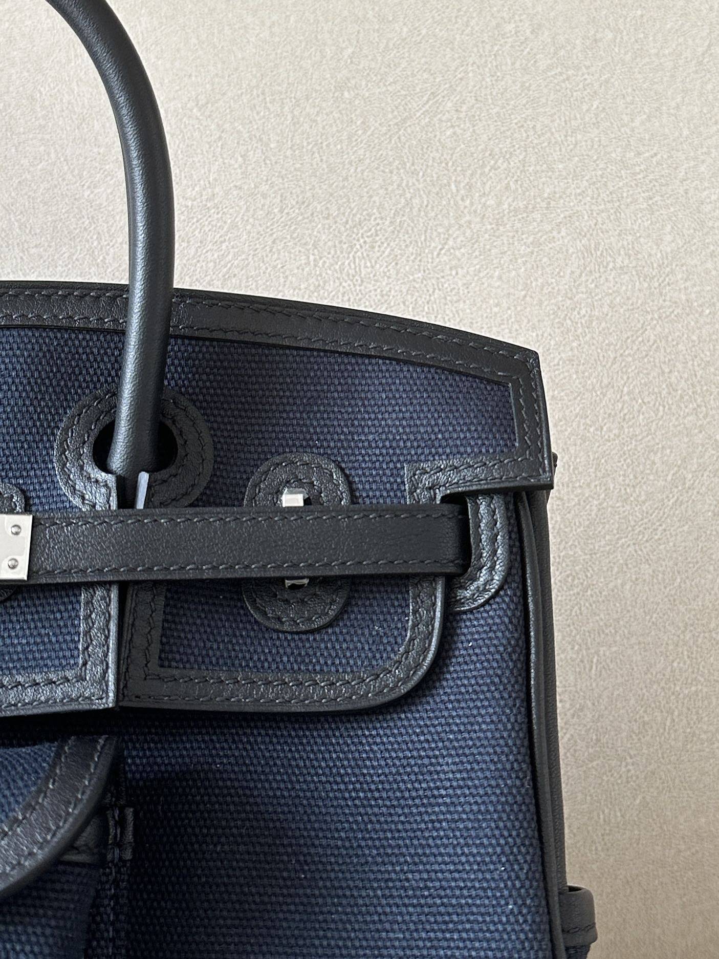 HERMES Birkin 25 Bag /CK89 Black/2Z Midnight Blue with Silver Buckle Canvas Swift Leather  