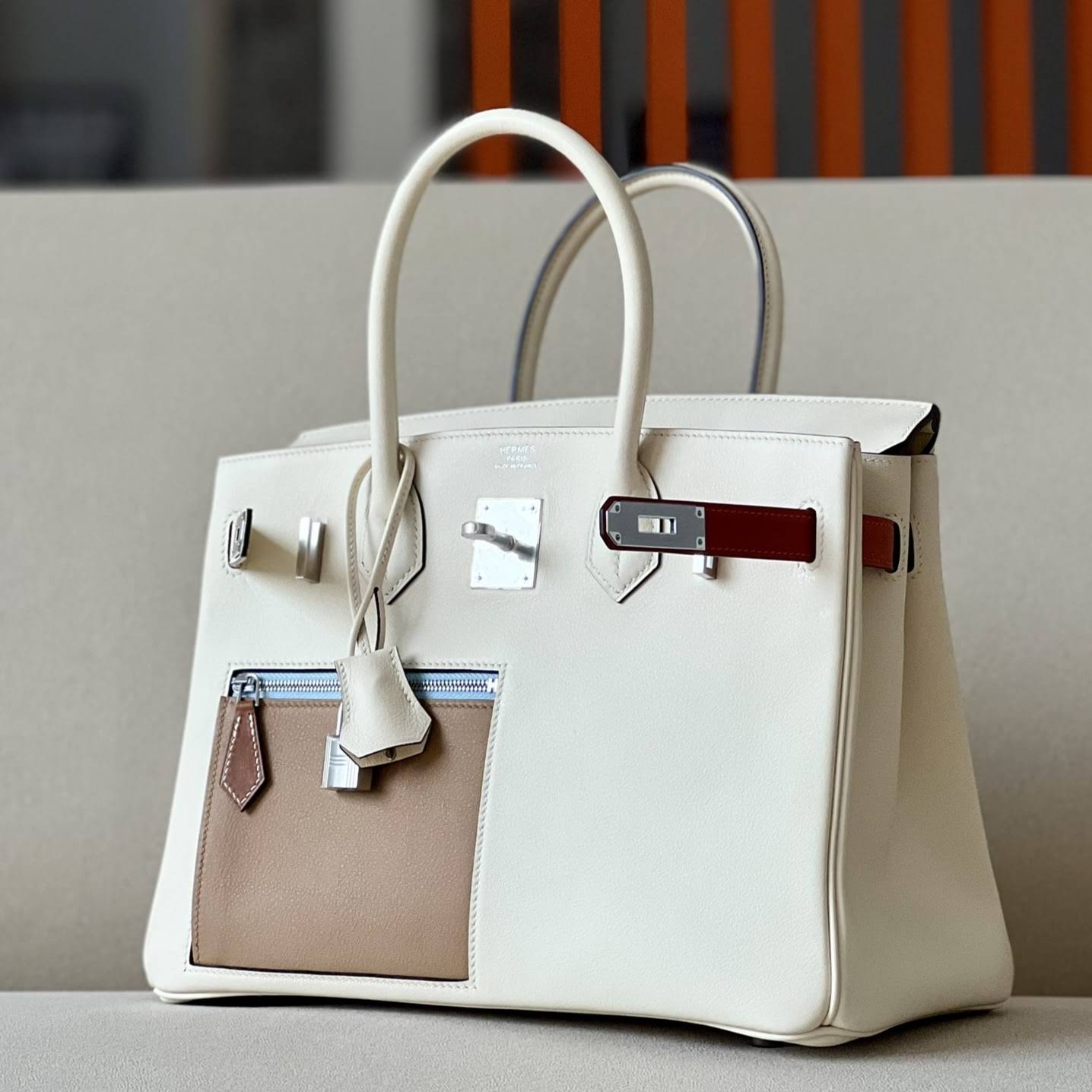 HERMES Birkin 30 Bag /Nata Cream White / OM Milk Tea Color / 6C Antique Bronze / 9R Lemon Yellow / X9 Hollyhock Purple / CK37 Gold Brown / T0 Haze Blue with Silver Buckle Swift  