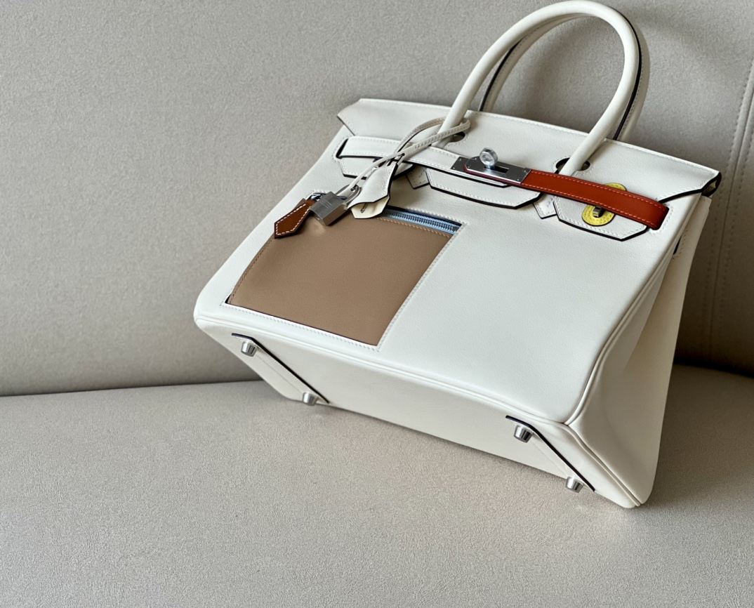 HERMES Birkin 30 Bag /Nata Cream White / OM Milk Tea Color / 6C Antique Bronze / 9R Lemon Yellow / X9 Hollyhock Purple / CK37 Gold Brown / T0 Haze Blue with Silver Buckle Swift  