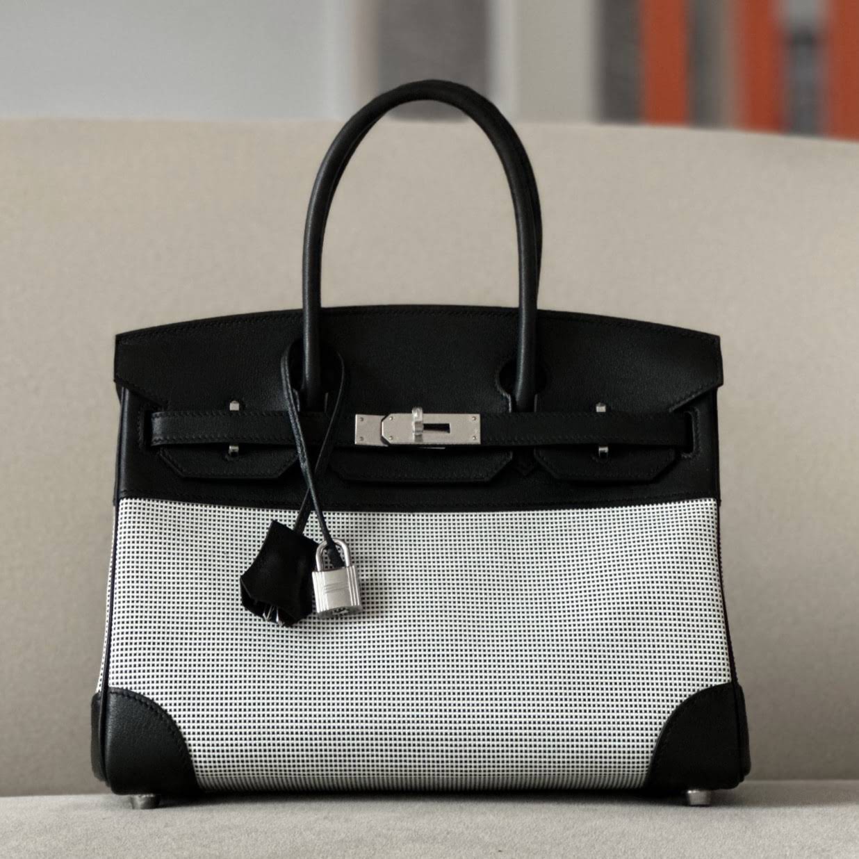 HERMES Birkin 30 Bag /89 Black / SW Leather / Canvas with Silver Buckle  