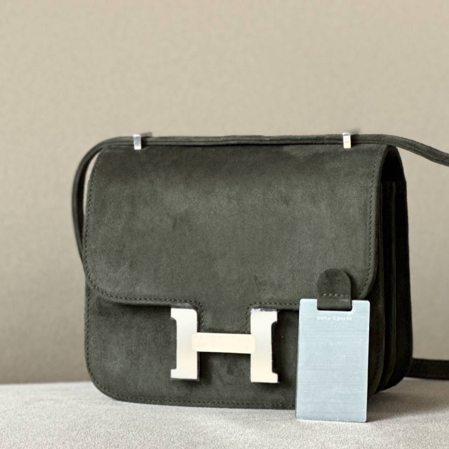 HERMES Constance 19 Bag/C6 Gray Green/Silver Buckle/Suede  