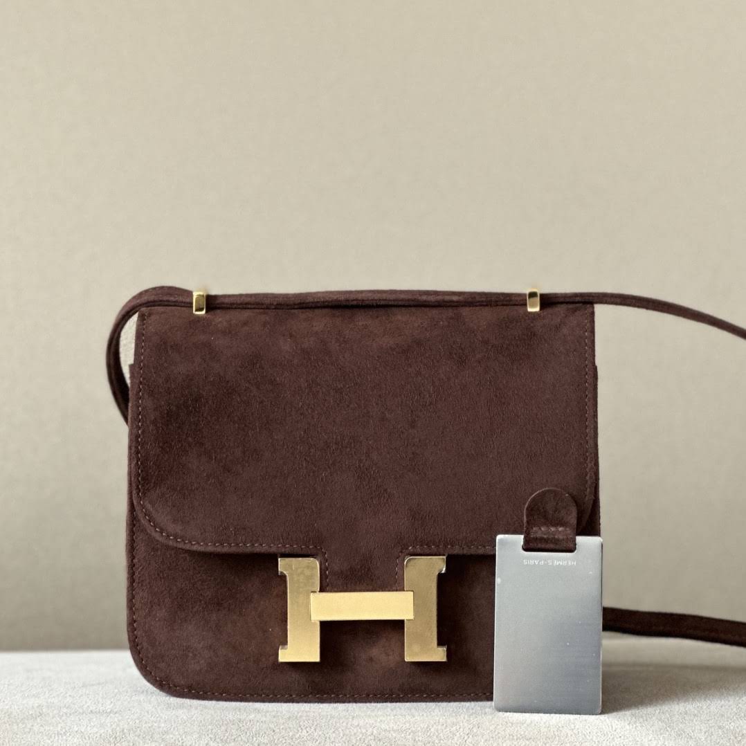 HERMES Constance 19 Bag/4A Coffee/Brown Gold Buckle/Suede  