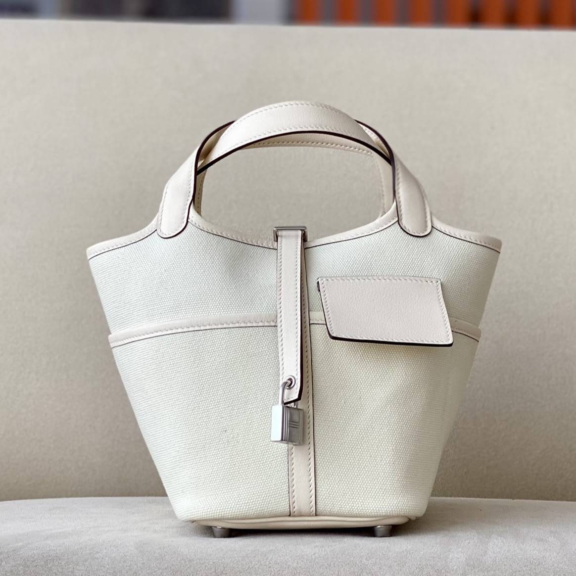 HERMES Picotin Lock 18 Bag /Nata Cream White / Silver Buckle / SW Canvas  