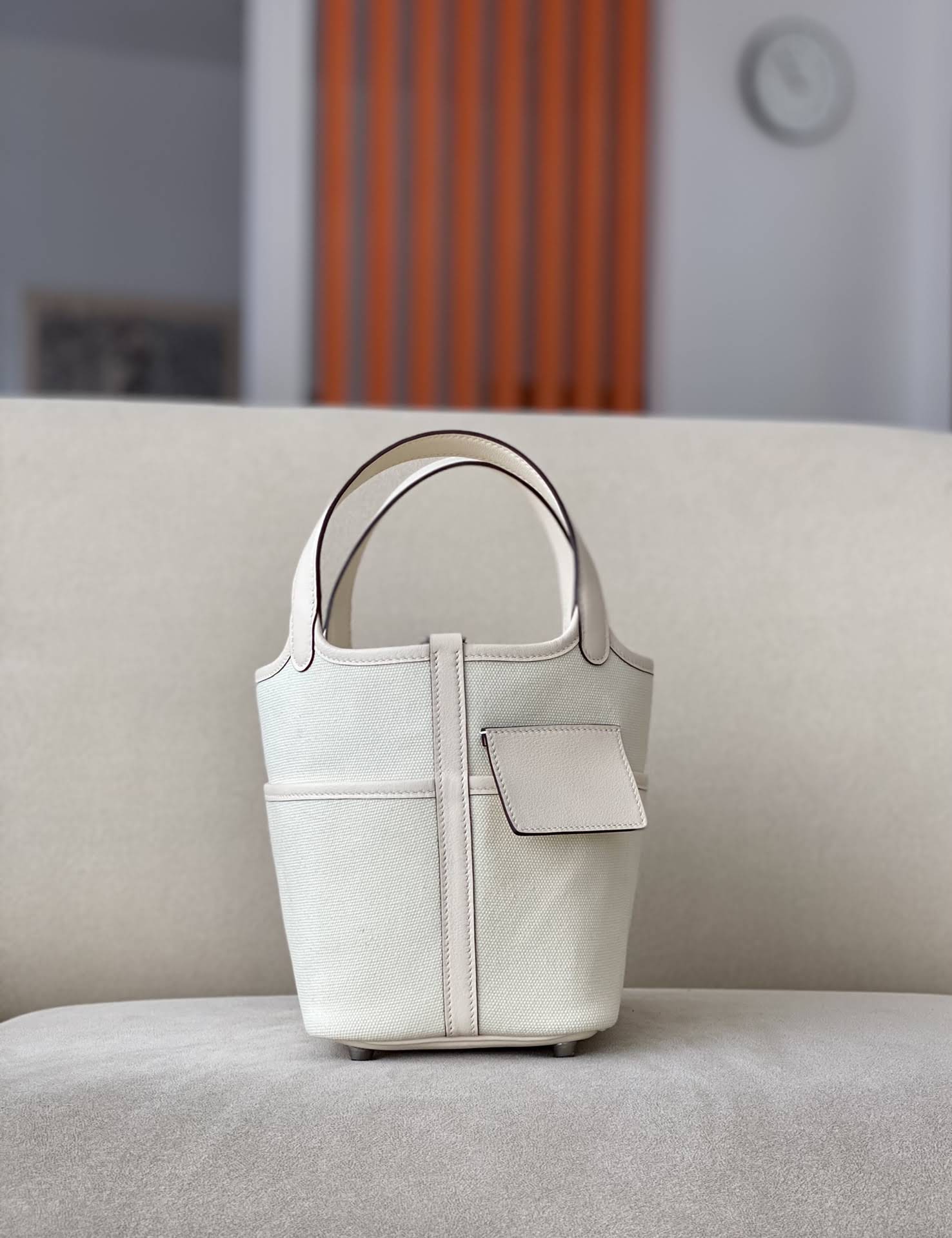 HERMES Picotin Lock 18 Bag /Nata Cream White / Silver Buckle / SW Canvas  