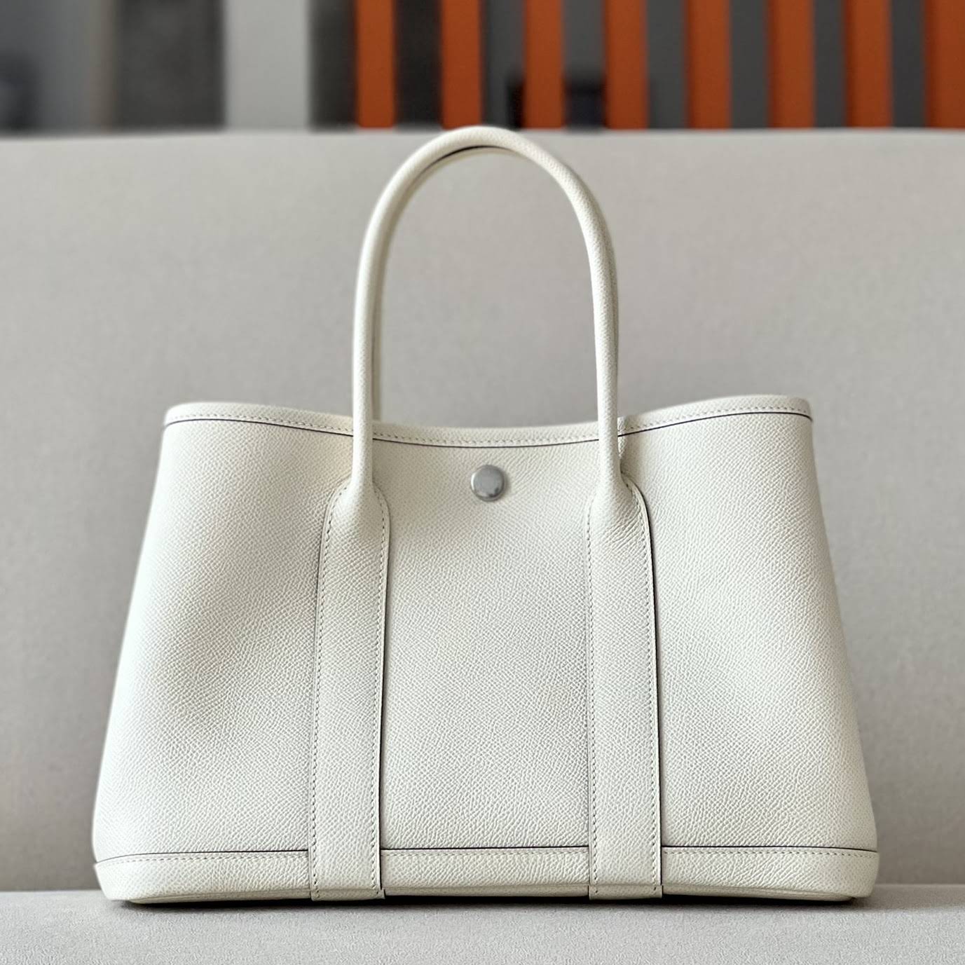 HERMES Garden Party 30 Handmade Bag /I2 Cream White / Silver Buckle / Epsom Leather  