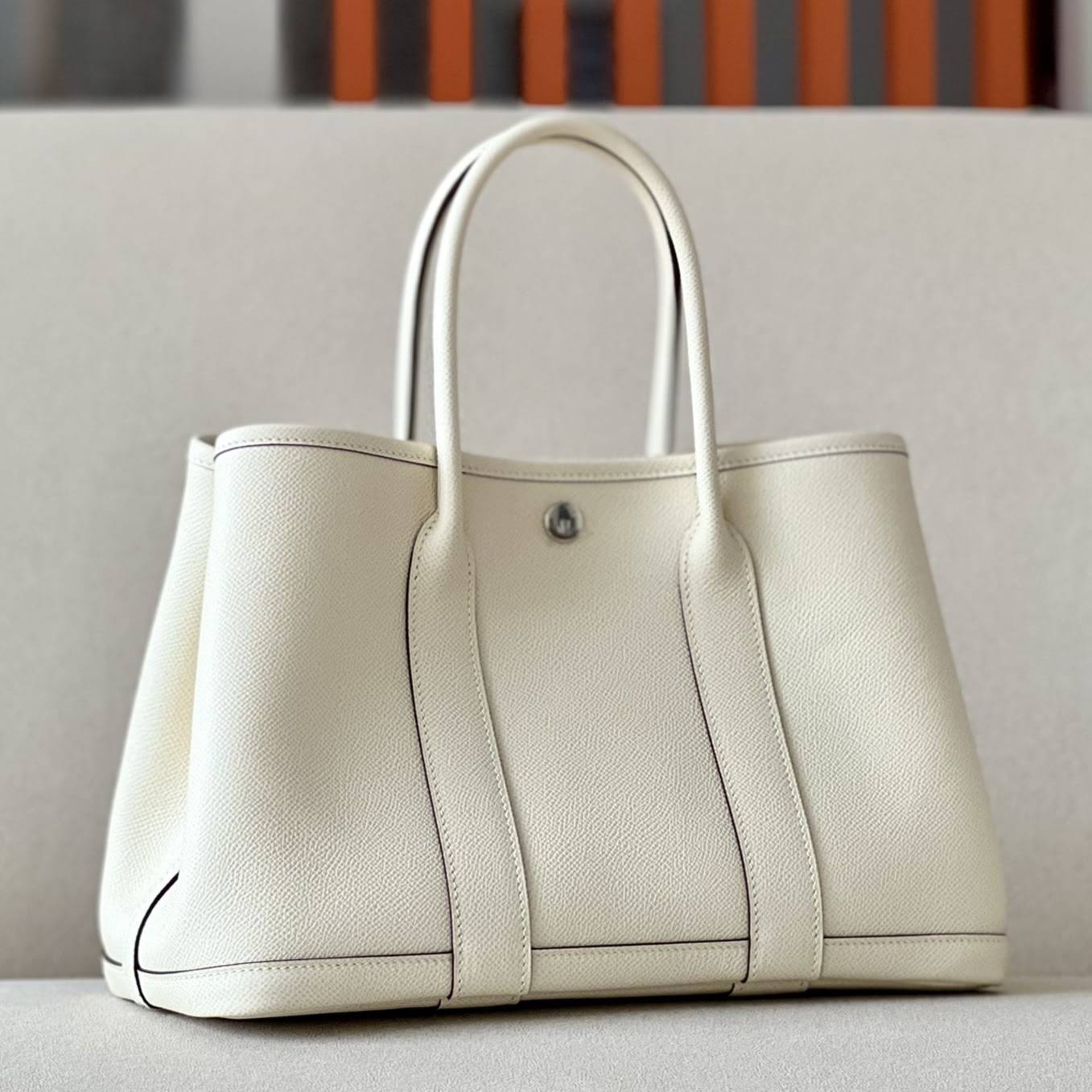 HERMES Garden Party 30 Handmade Bag /I2 Cream White / Silver Buckle / Epsom Leather  