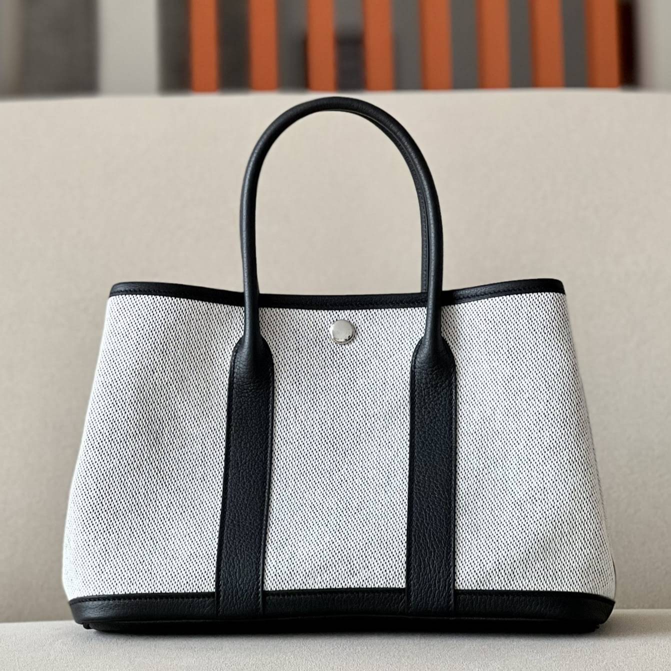 HERMES Garden Party 30 Handmade Bag /CC10 Milkshake White / CK89 Black-White / Silver Buckle / NE Canvas  