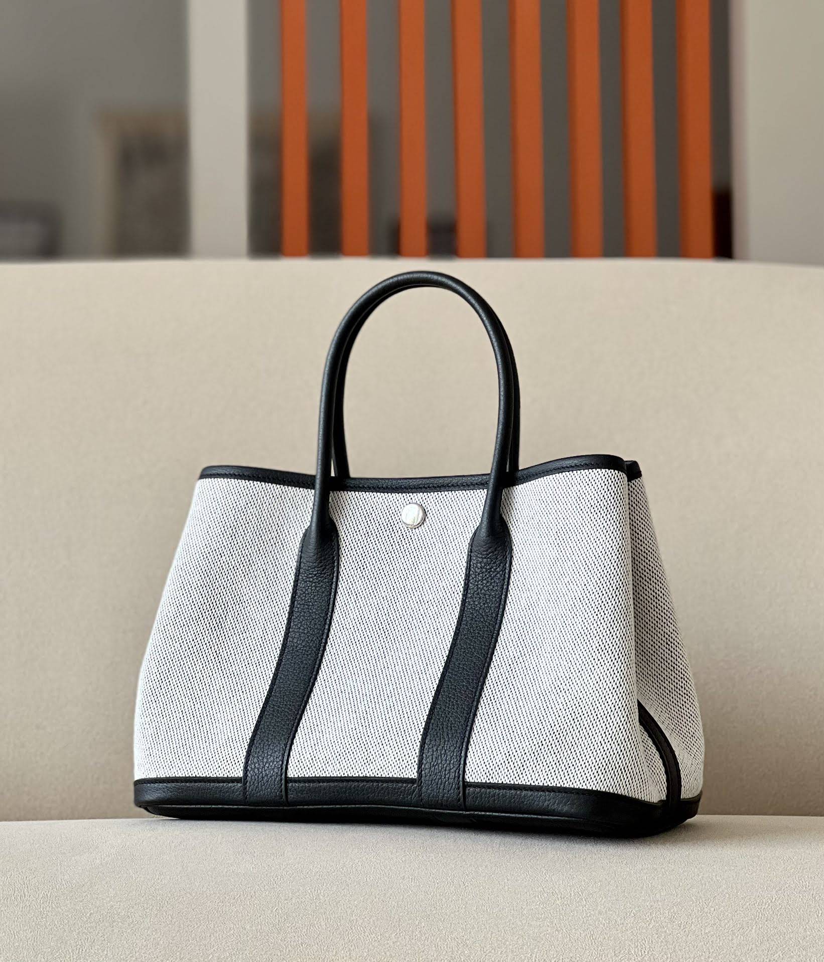 HERMES Garden Party 30 Handmade Bag /CC10 Milkshake White / CK89 Black-White / Silver Buckle / NE Canvas  