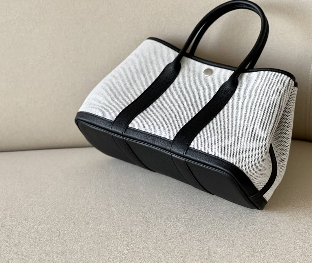 HERMES Garden Party 30 Handmade Bag /CC10 Milkshake White / CK89 Black-White / Silver Buckle / NE Canvas  