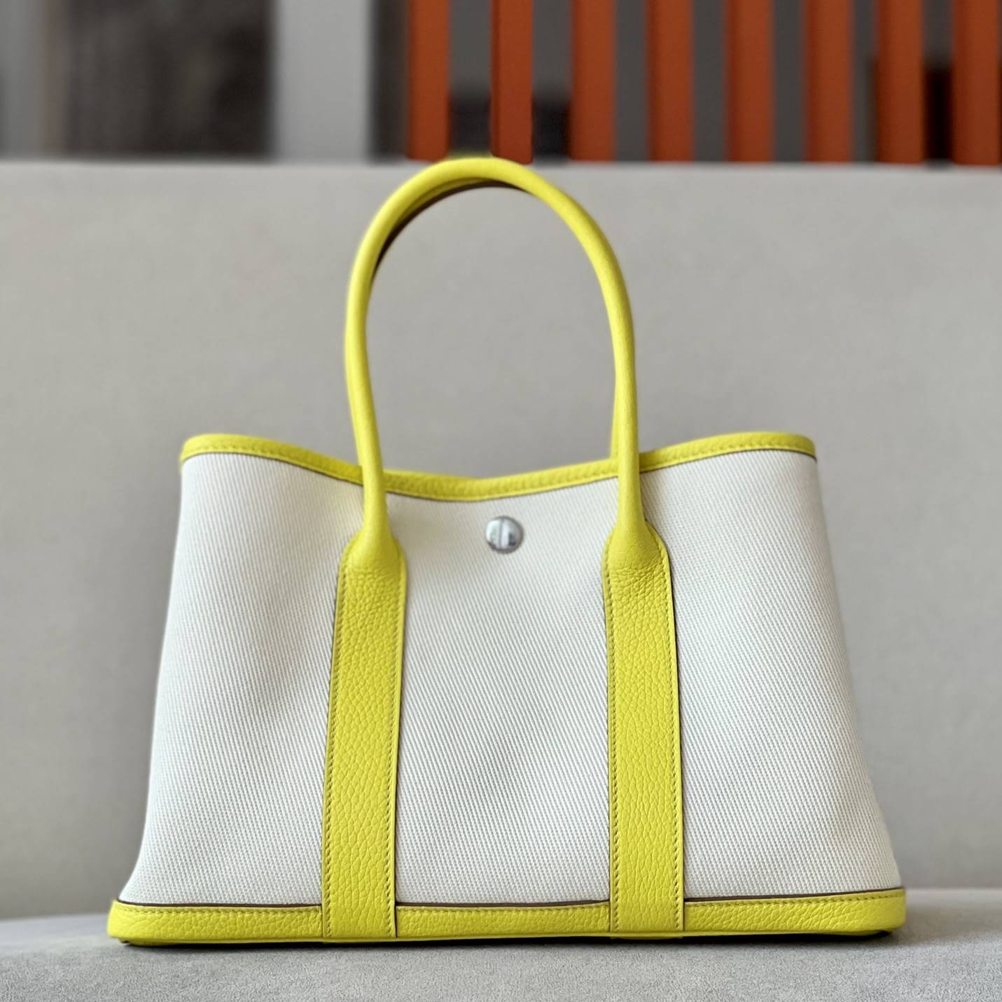 HERMES Garden Party 30 Handmade Bag /8L Glacier White / 9R Lemon Yellow / Silver Buckle / NE Canvas  