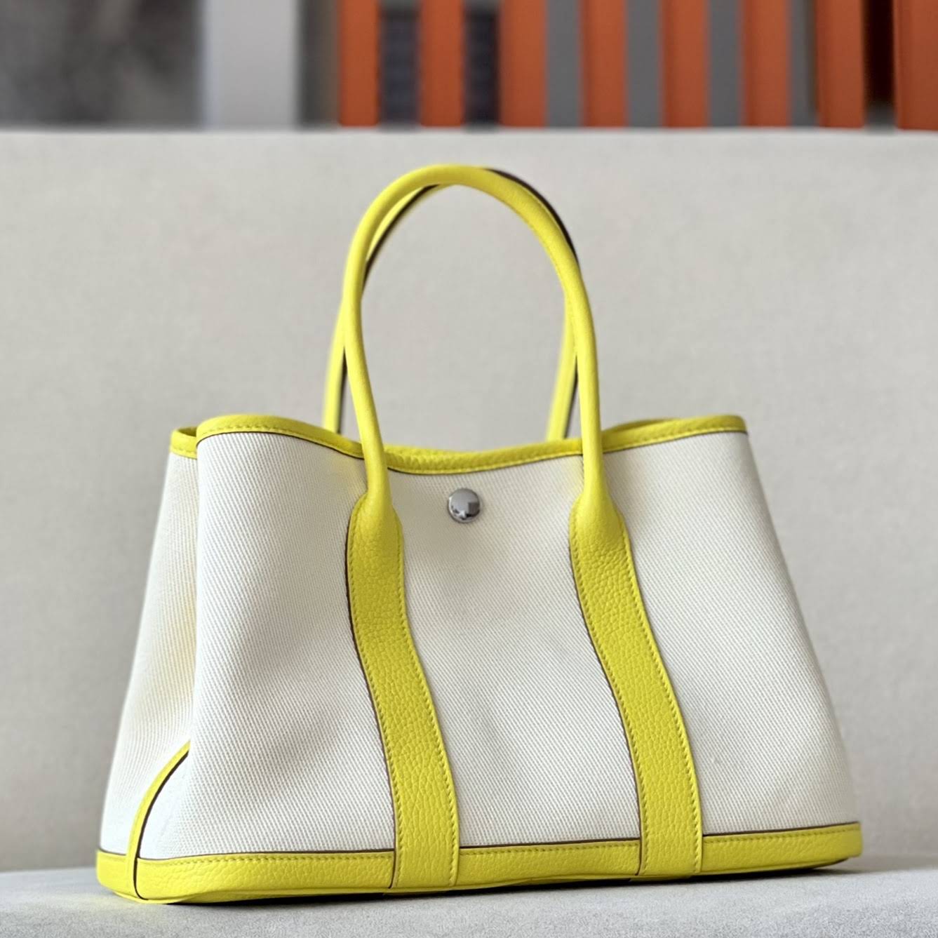 HERMES Garden Party 30 Handmade Bag /8L Glacier White / 9R Lemon Yellow / Silver Buckle / NE Canvas  