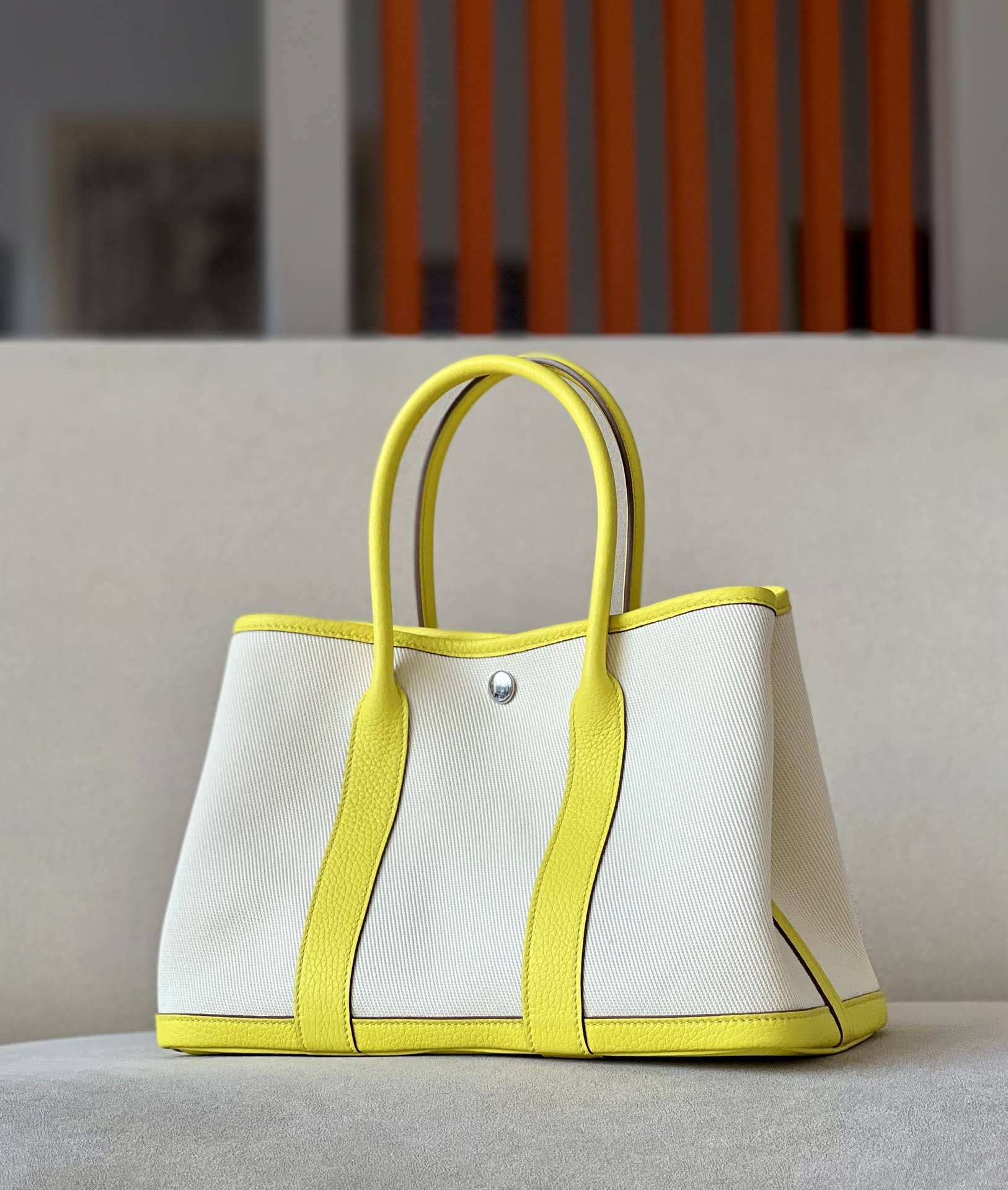 HERMES Garden Party 30 Handmade Bag /8L Glacier White / 9R Lemon Yellow / Silver Buckle / NE Canvas  