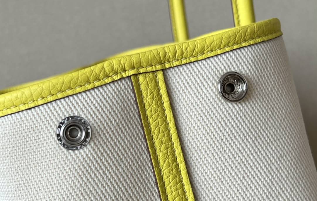 HERMES Garden Party 30 Handmade Bag /8L Glacier White / 9R Lemon Yellow / Silver Buckle / NE Canvas  