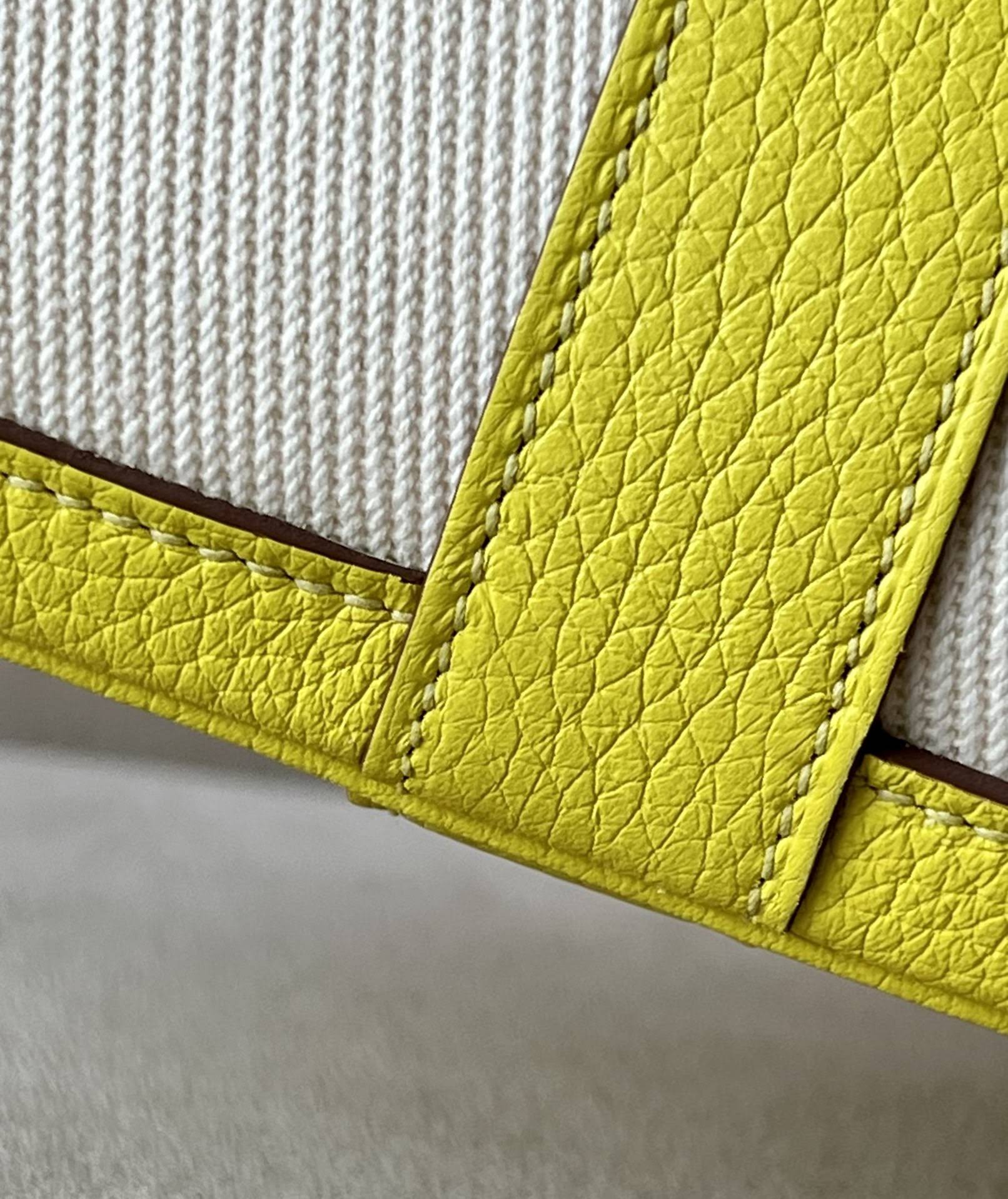 HERMES Garden Party 30 Handmade Bag /8L Glacier White / 9R Lemon Yellow / Silver Buckle / NE Canvas  