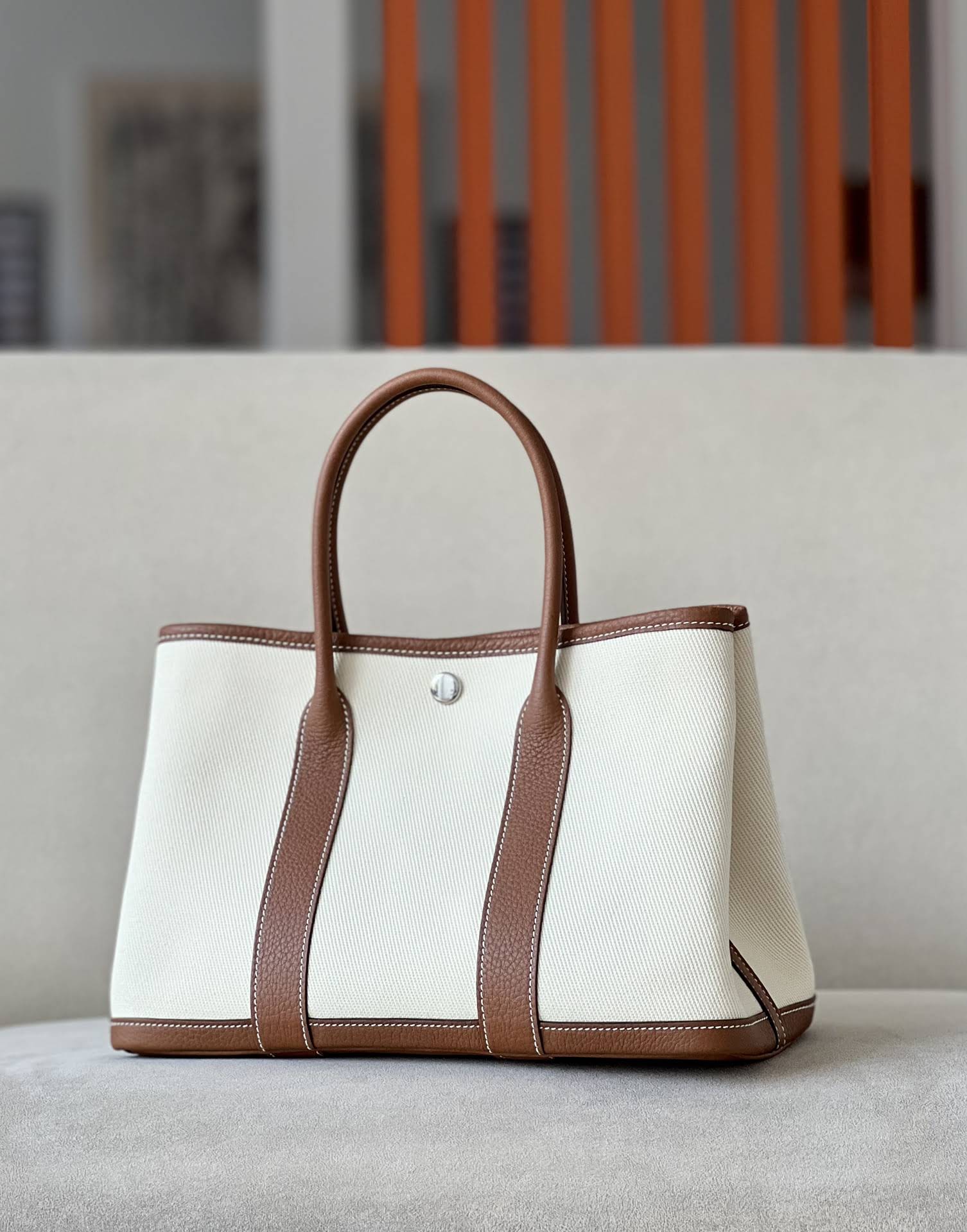 HERMES Garden Party 30 Handmade Bag /CC10 Milkshake White / CK37 Gold-Brown / Canvas / Silver Buckle / NE Canvas  