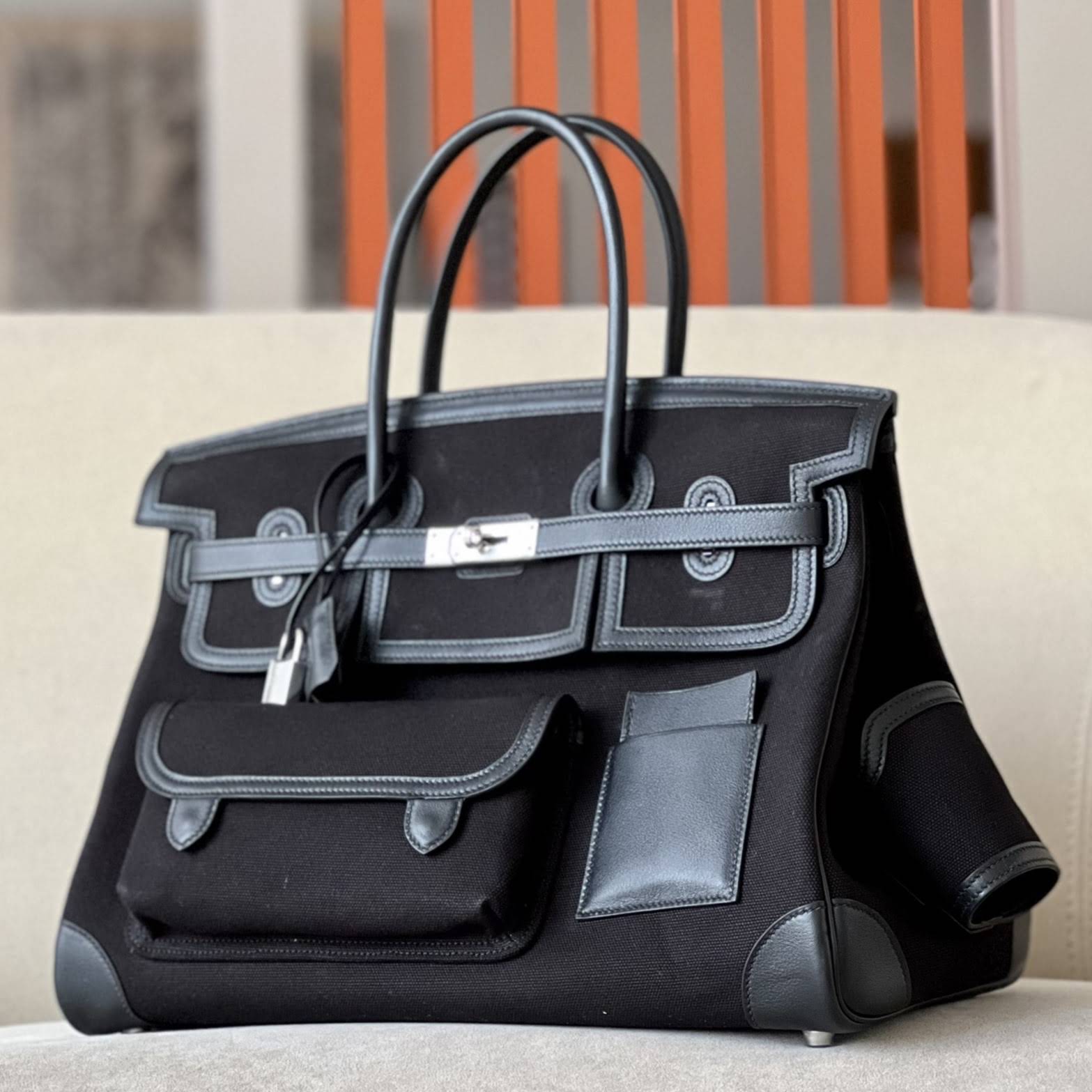 HERMES Birkin 40 Bag /CK89 Black/Silver Buckle/SW/Canvas  