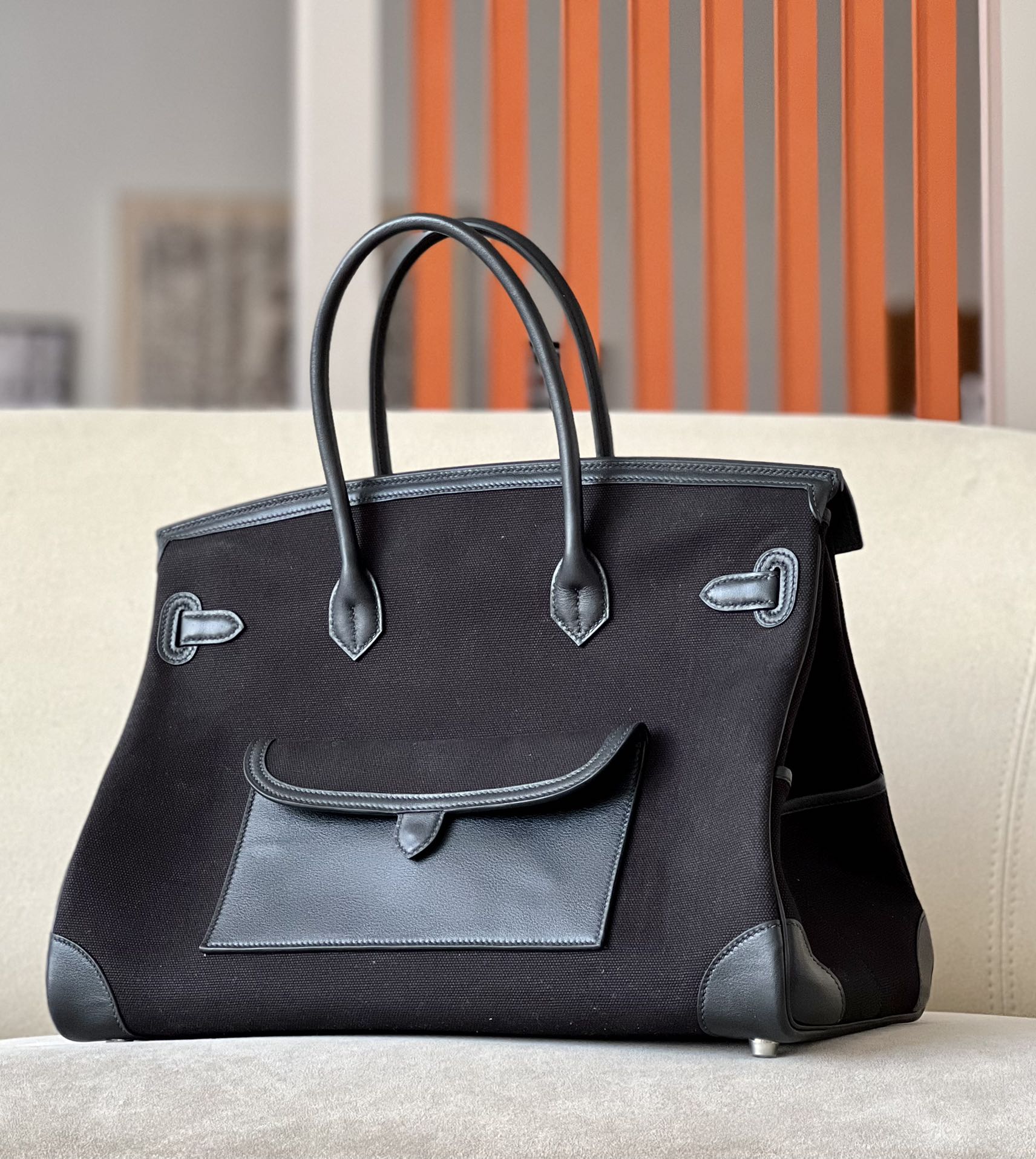 HERMES Birkin 40 Bag /CK89 Black/Silver Buckle/SW/Canvas  