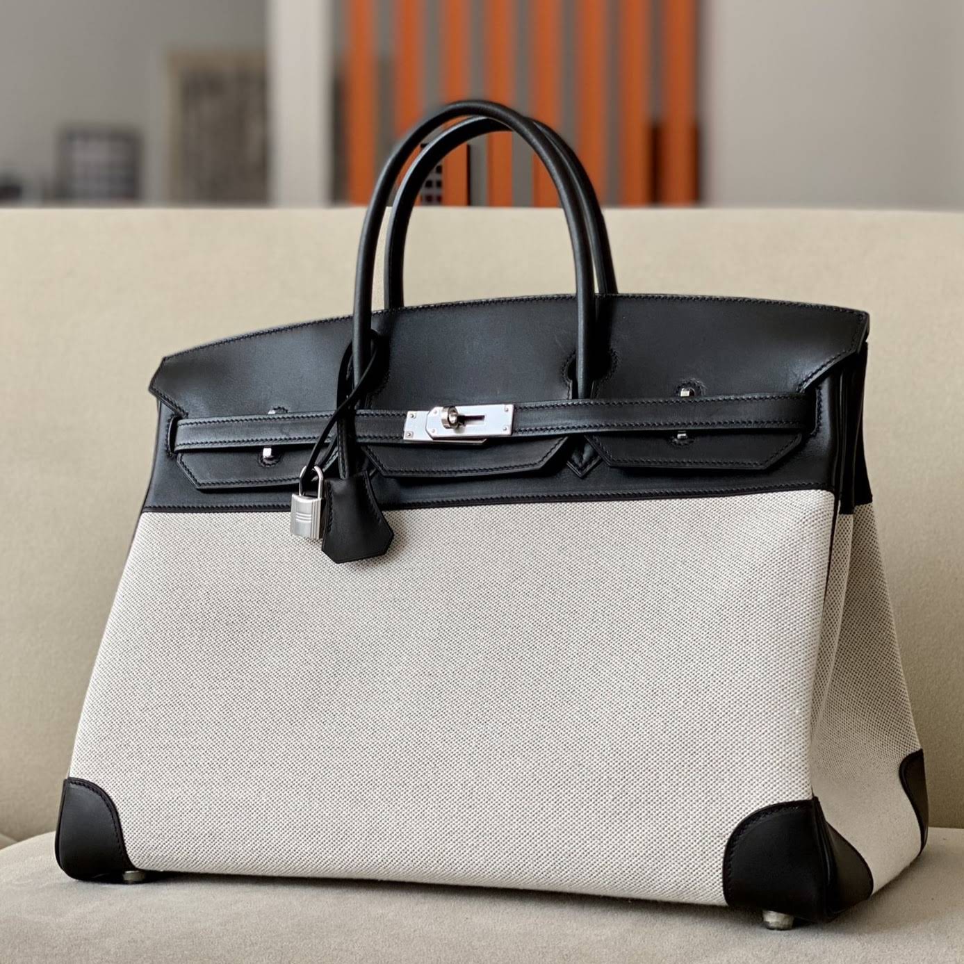 HERMES Birkin 40 Bag /CK89 Black/Silver Buckle/Saddle Leather/Canvas  