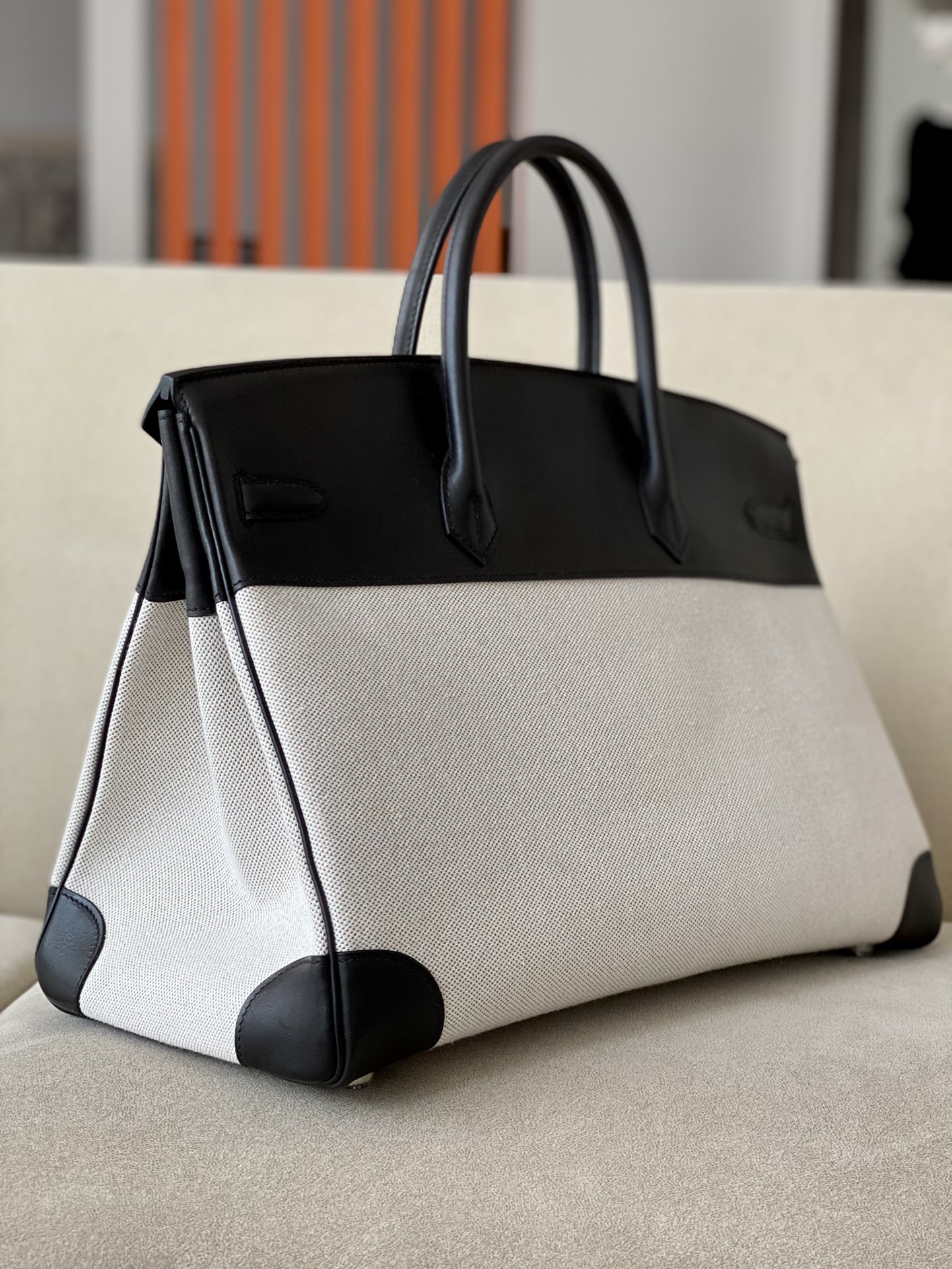 HERMES Birkin 40 Bag /CK89 Black/Silver Buckle/Saddle Leather/Canvas  