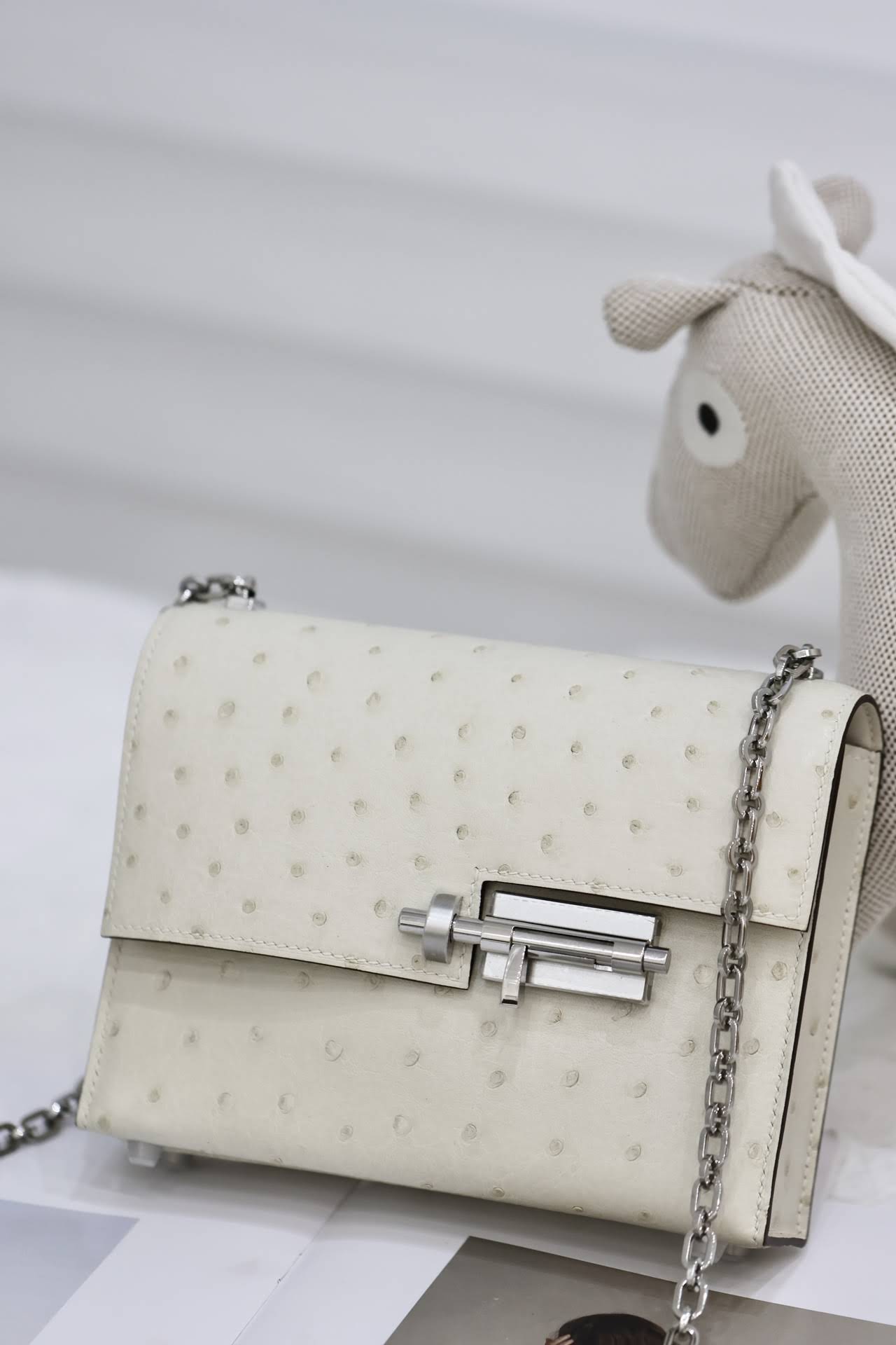 HERMES Verrou 17 Bag /3C Wool White/Silver Buckle/Ostrich Leather  