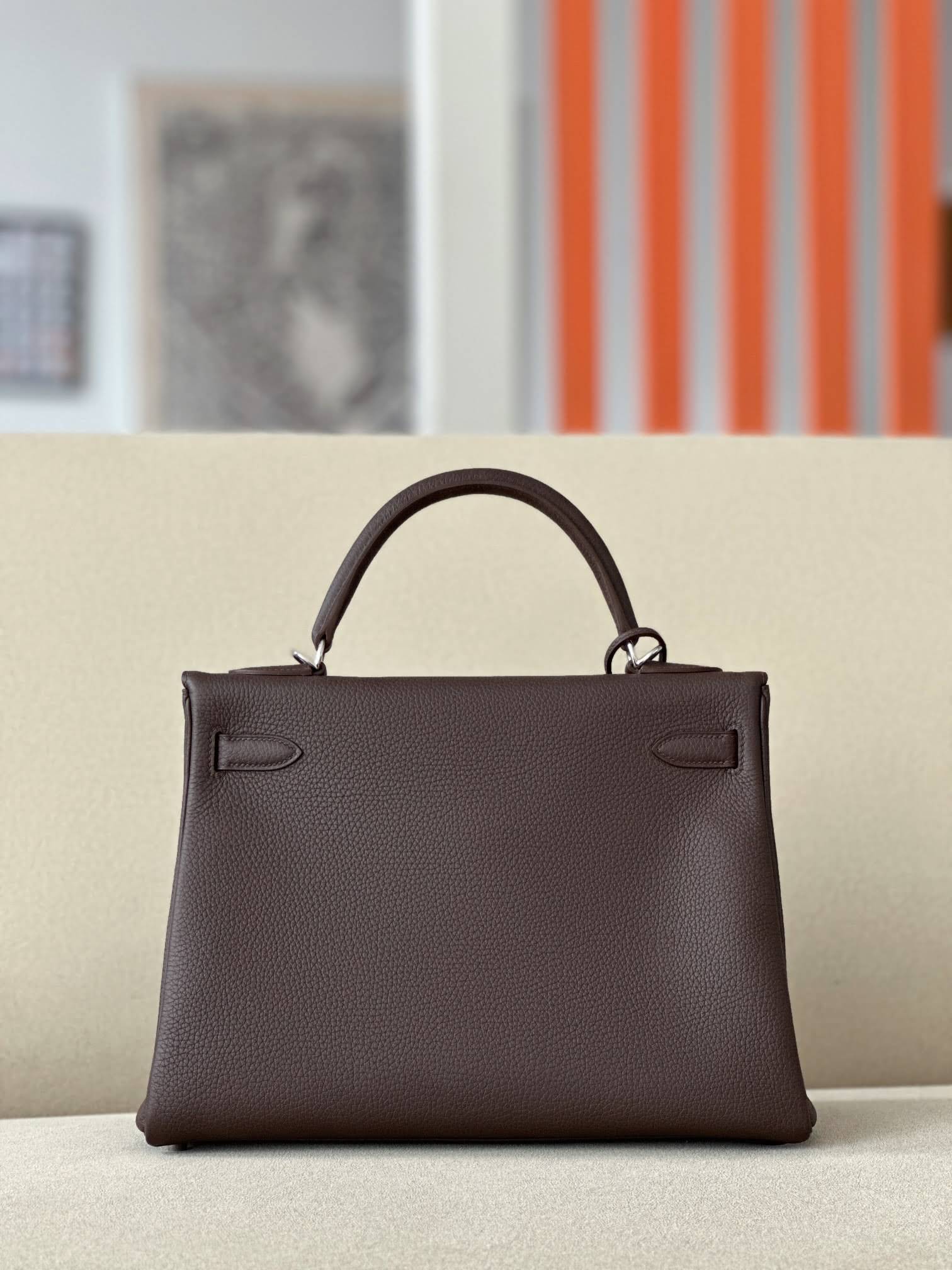 HERMES Kelly 32 Bag /4A Coffee Brown/Silver Buckle/Togo Leather  