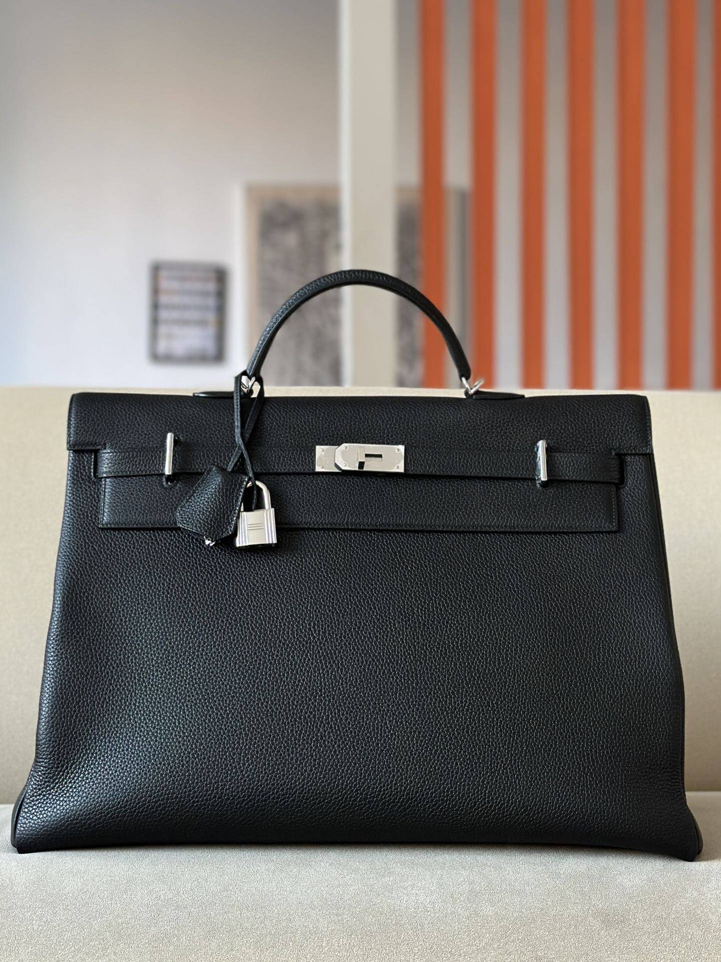 HERMES Kelly 50 Bag /CK89 Black/Silver Buckle/TC Leather  