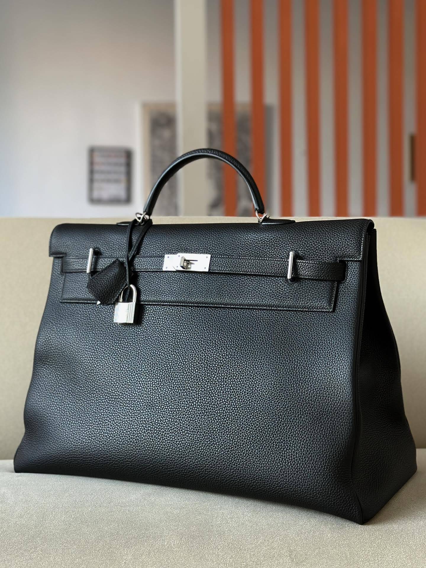 HERMES Kelly 50 Bag /CK89 Black/Silver Buckle/TC Leather  